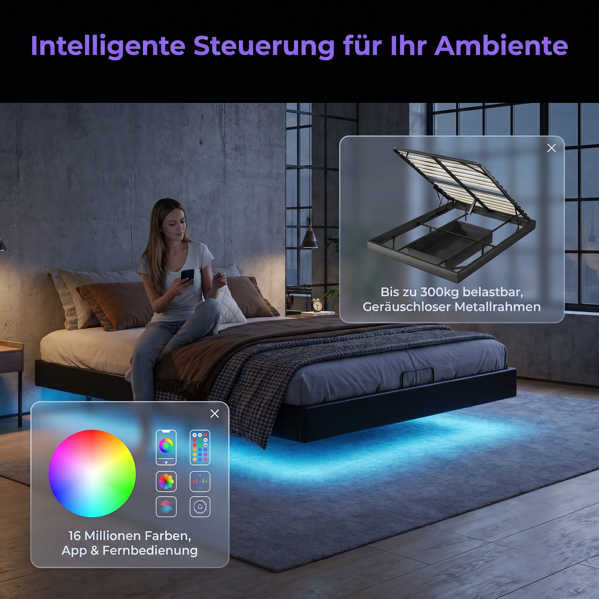 Furnishings Home Polsterbett Doppelbett LED Stauraumbett mit bettkasten (Set, Mit Komforthöhe Lattenrost, Leises Design Bett), Inkl. LED-Beleuchtung, Lattenrost, 160x200cm PU