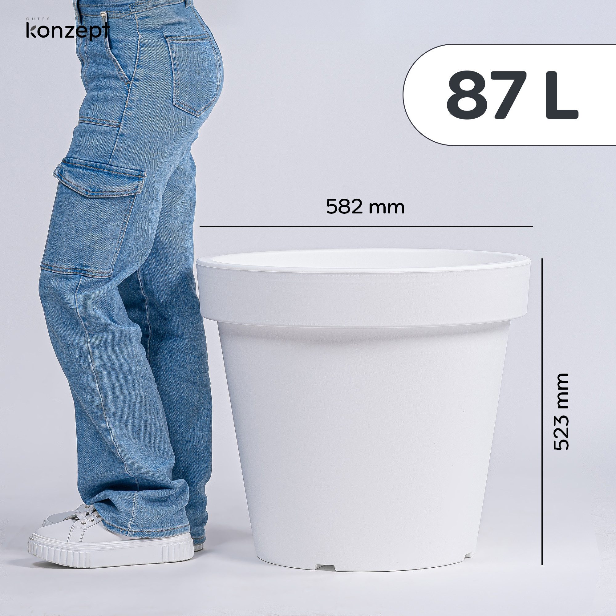 KONZEPT Blumentopf 58 cm Durchmesser, H 52 cm, 87 L in konischer Form, aus Kunststoff, Geprägtem Rand, Konische Form, Stapelbar, Volumen: 87 L