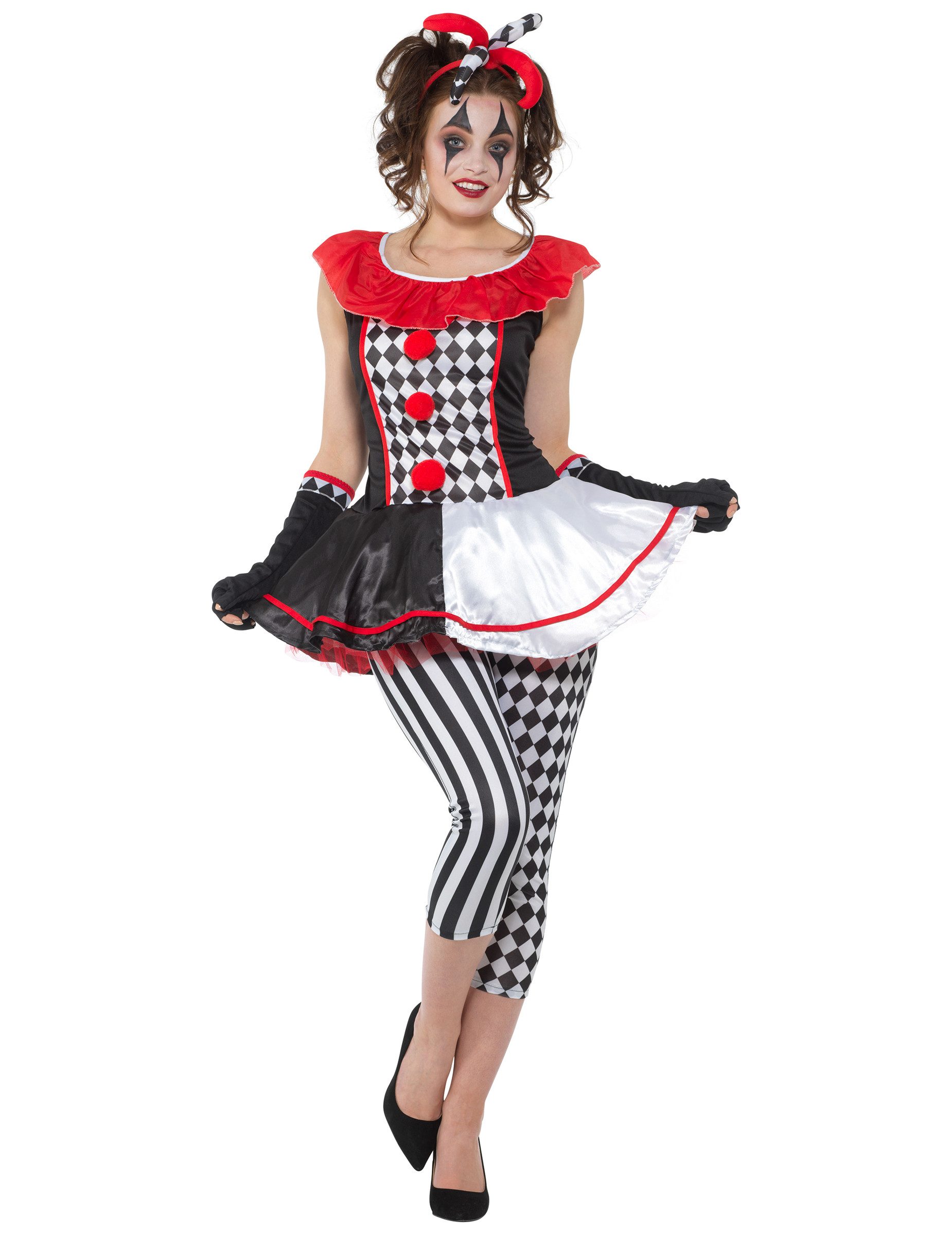 Kostüm Harlekin-Damenkostüm Karnevalskostüm schwarz-weiß-rot