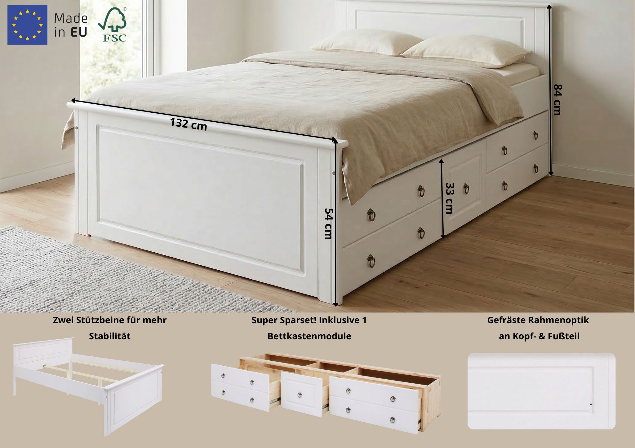 OTTO home Massivholzbett Hugo, FSC® zertifiziert, Landhausstil, zeitlos und edel (auch als Super Sparset inklusive Schubkästen), Stauraumbett, extra belastbar,  – Bild 2 von 5