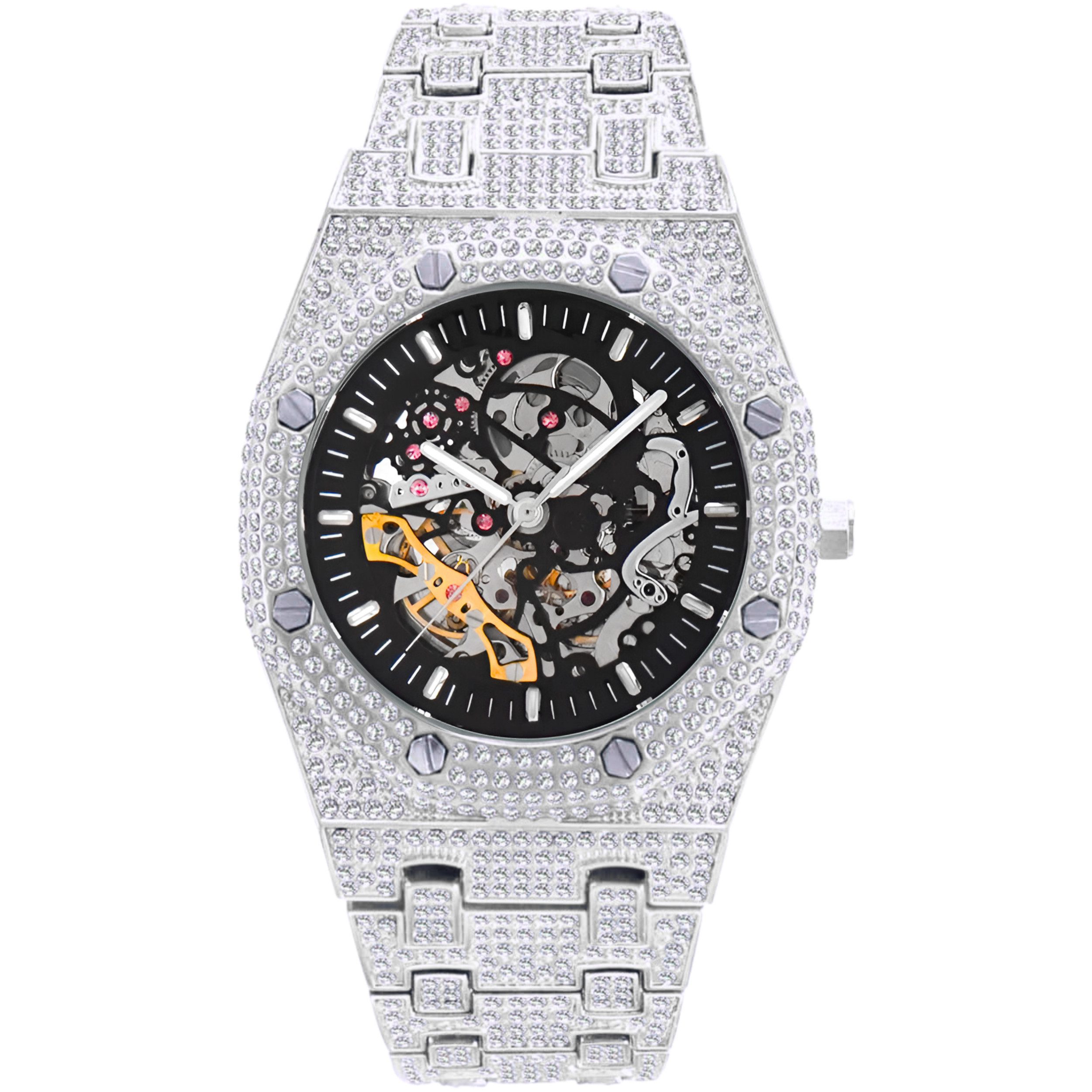 S&T Design Automatikuhr Iced Out Uhr Armbanduhr Herrenuhr Mechanische Skelettuhr, (inkl. Armbandkürzer), Geschenkbox), Achteckig, Edelstahl, Diamantzirkonia, Wasserdicht 3Bar