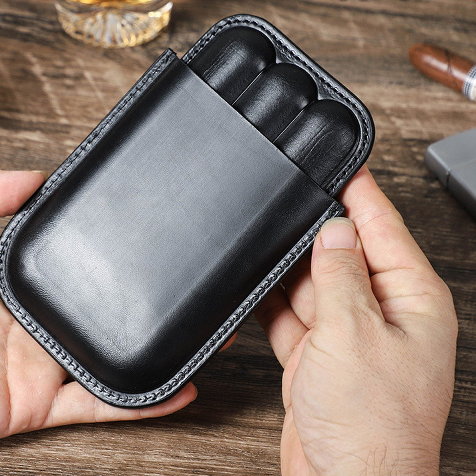 Tabakbeutel Zigarrenetui 3 Echtes Leder Tragbarer Reisehumidor Halter