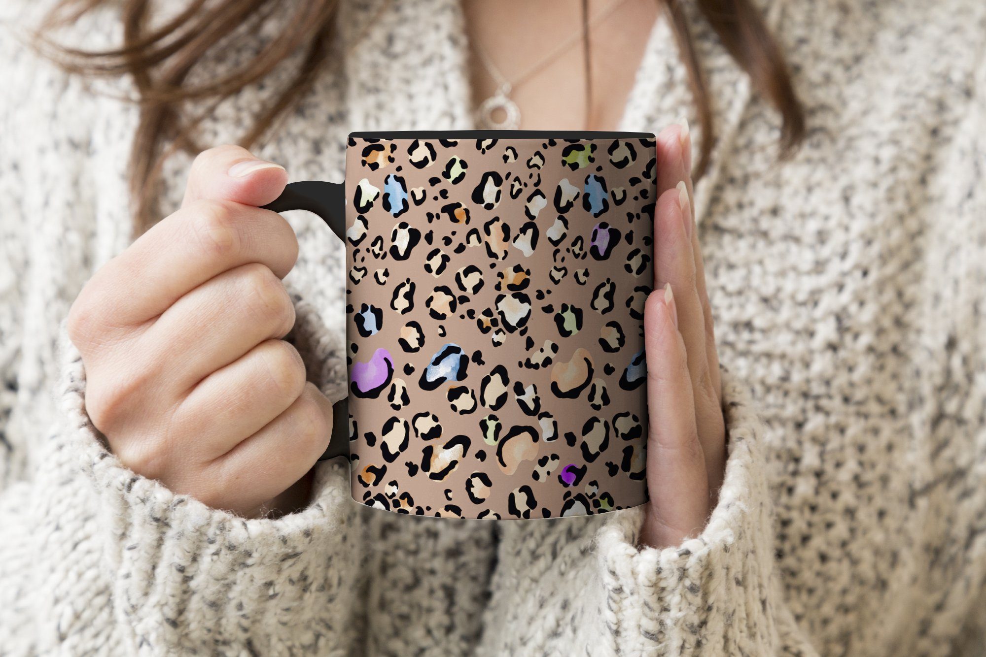 Kaffeetassen, Muster, Tasse Zaubertasse, - MuchoWow Teetasse, Pantherdruck Geschenk Keramik, Regenbogen - Farbwechsel,