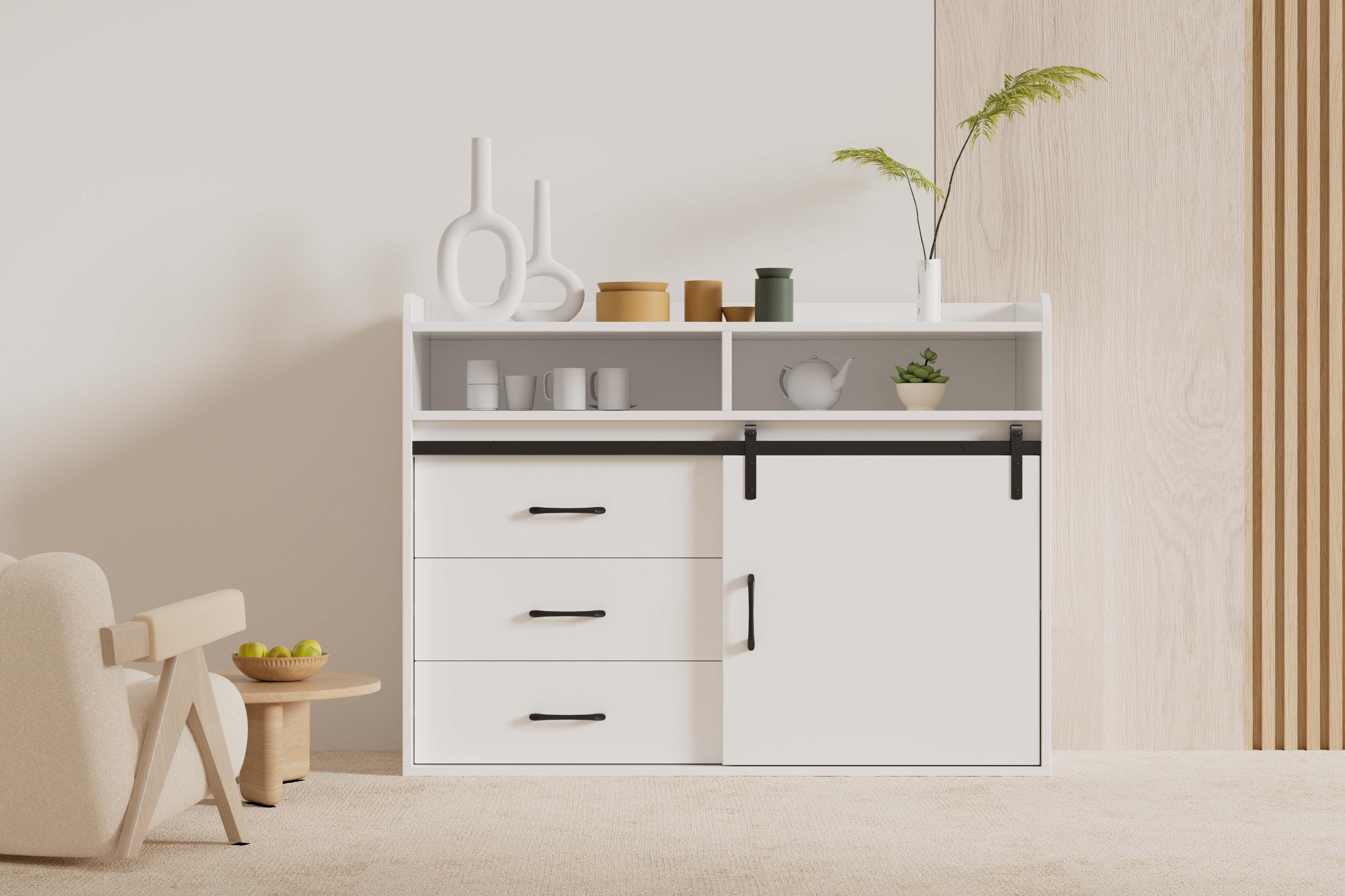 HOMAVO Sideboard HG1 kommode mit Schiebetüren & 4 Schubladen, Retro-Stil (FSC®, viel Stauraum, pflegeleicht), für Wohnzimmer Schlafzimmer Büro Flur