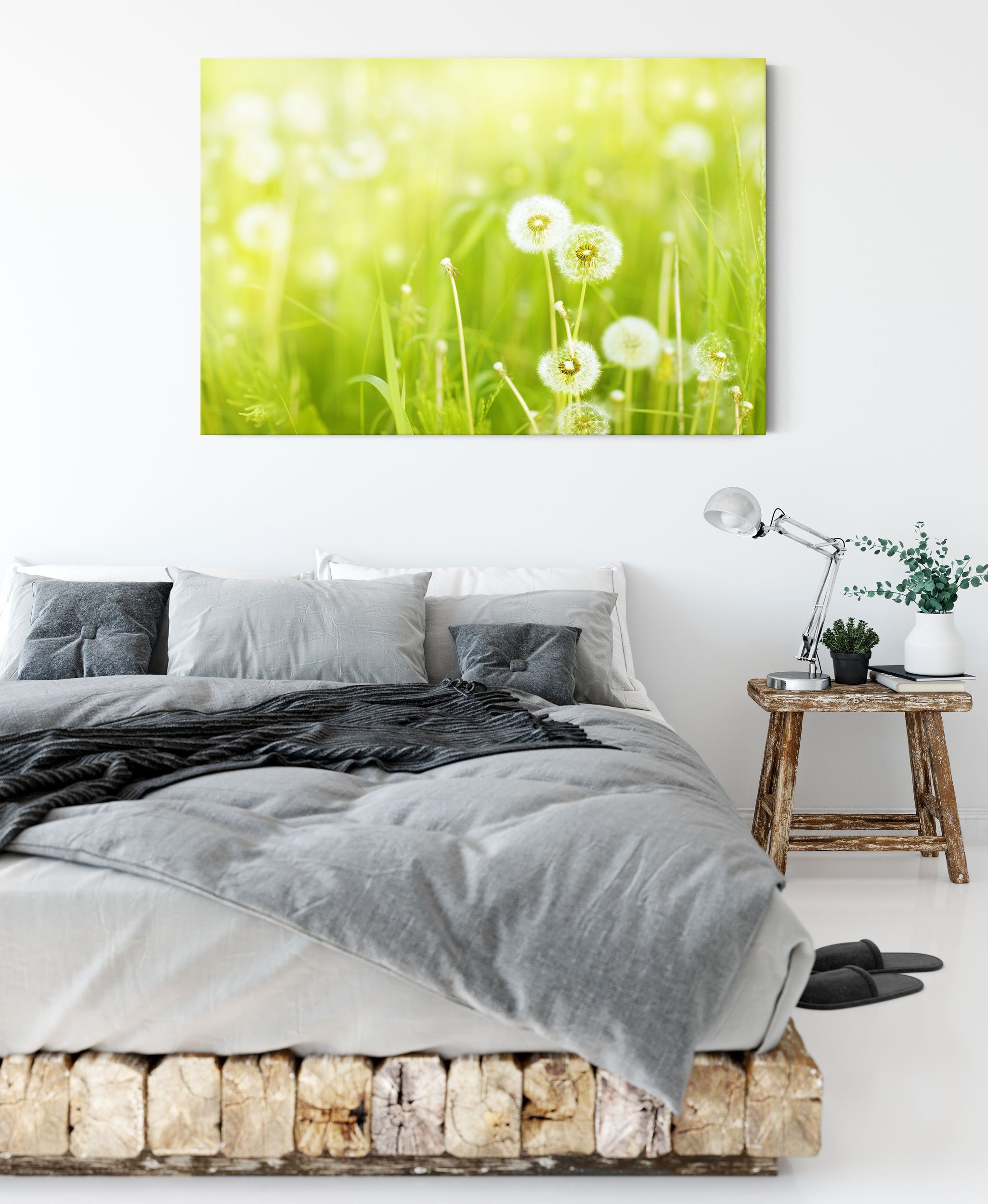 Frühlingswiese, Frühlingswiese Pusteblumen auf Pusteblumen Leinwandbild fertig inkl. bespannt, Zackenaufhänger Leinwandbild (1 St), auf Pixxprint