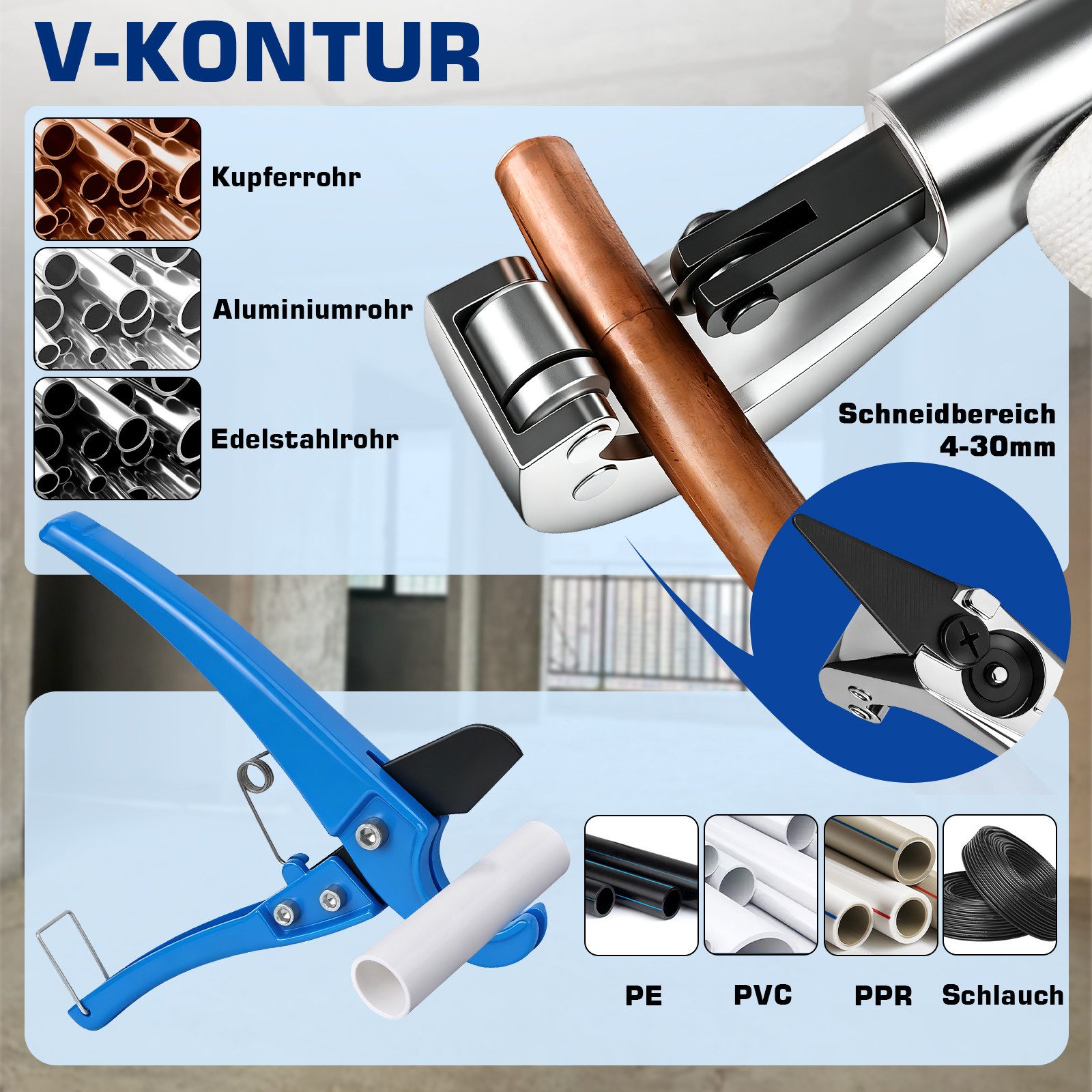 XIIW Presszange Rohrpresszange Hydraulisch mit TH & V Kontur Pressfitting Presse Zange, Set 14-tlg., 80kN Presswerkzeug inkl. Rohrschneider & Entgrater, für Kup – Bild 4 von 5