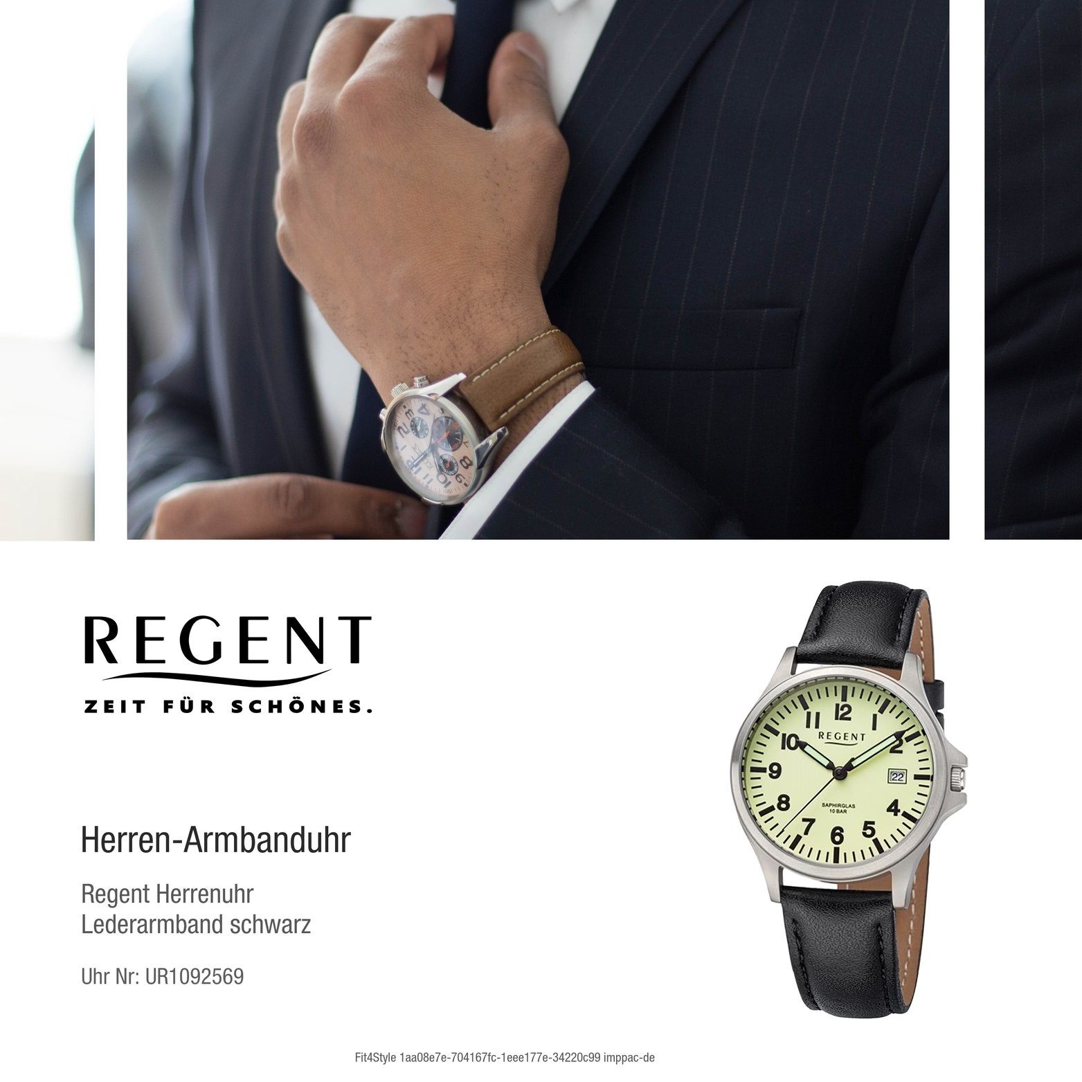Regent Quarzuhr Herren Regent extra groß Analog, Armbanduhr (ca. Herrenuhr Lederarmband schwarz, Gehäuse, rundes 36mm)