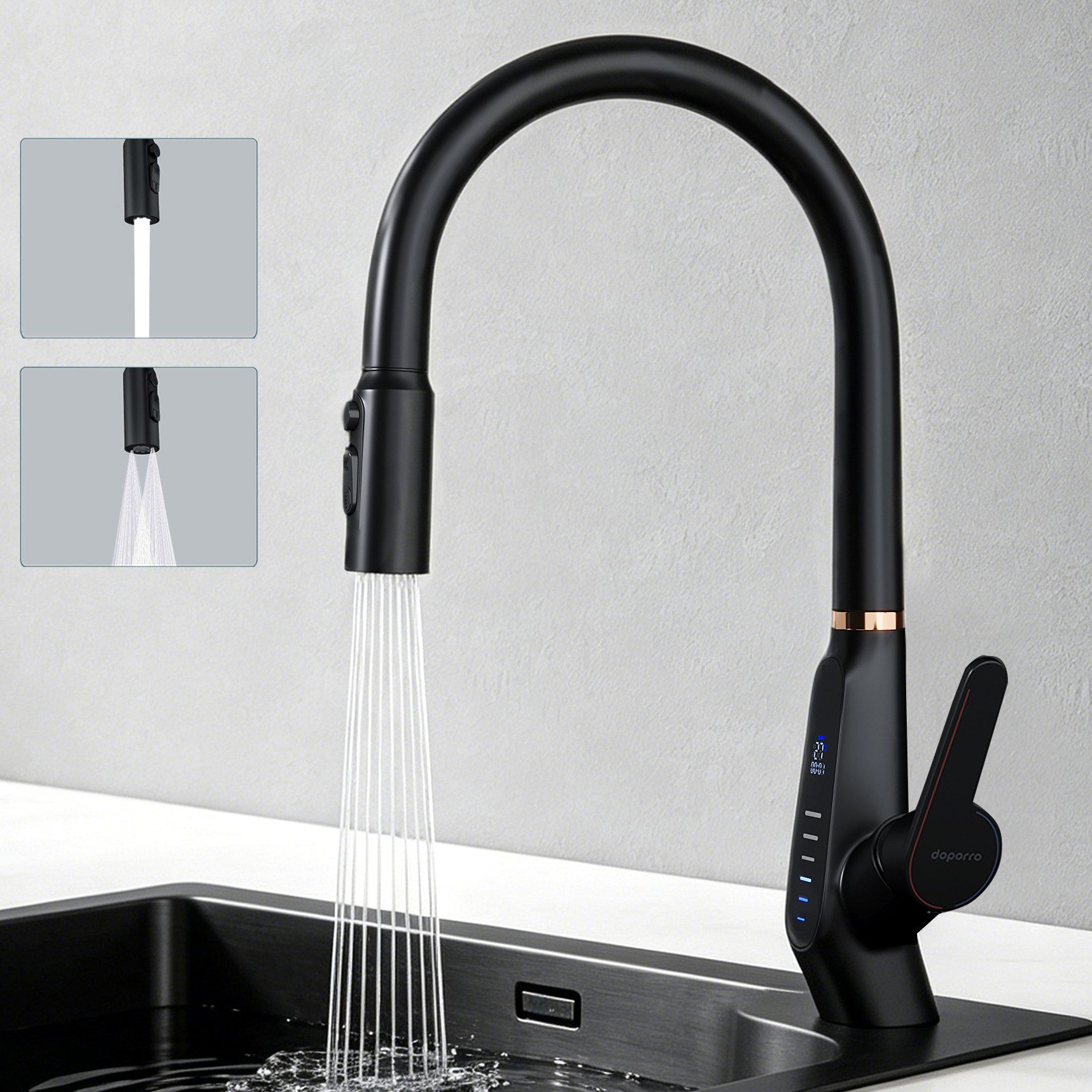 Mai & Mai Küchenarmatur Spültischarmatur 360° schwenkbar mit LED-Digitalanzeige MS-8085 DIN-Anschlüsse, Verdeckter Sprühkopf, Wassersparender Waben-Perlator