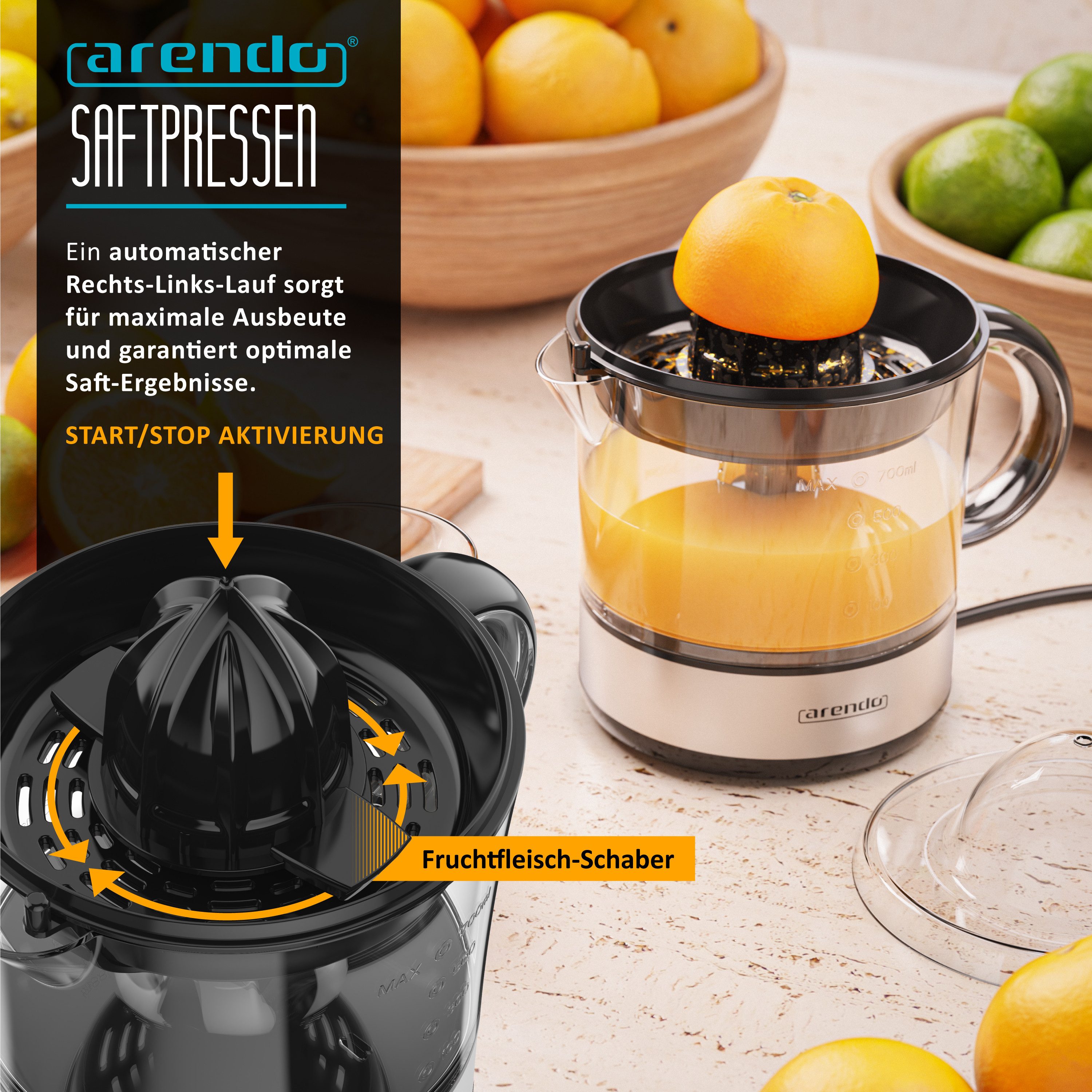 Arendo Entsafter Automatische Zitruspresse, 2 Presskegel, BPA-frei, zwei Drehrichtungen, 40 W, 700ml Behälter, anpassbare Siebgröße, Aromadeckel, spülmaschinenf – Bild 5 von 5
