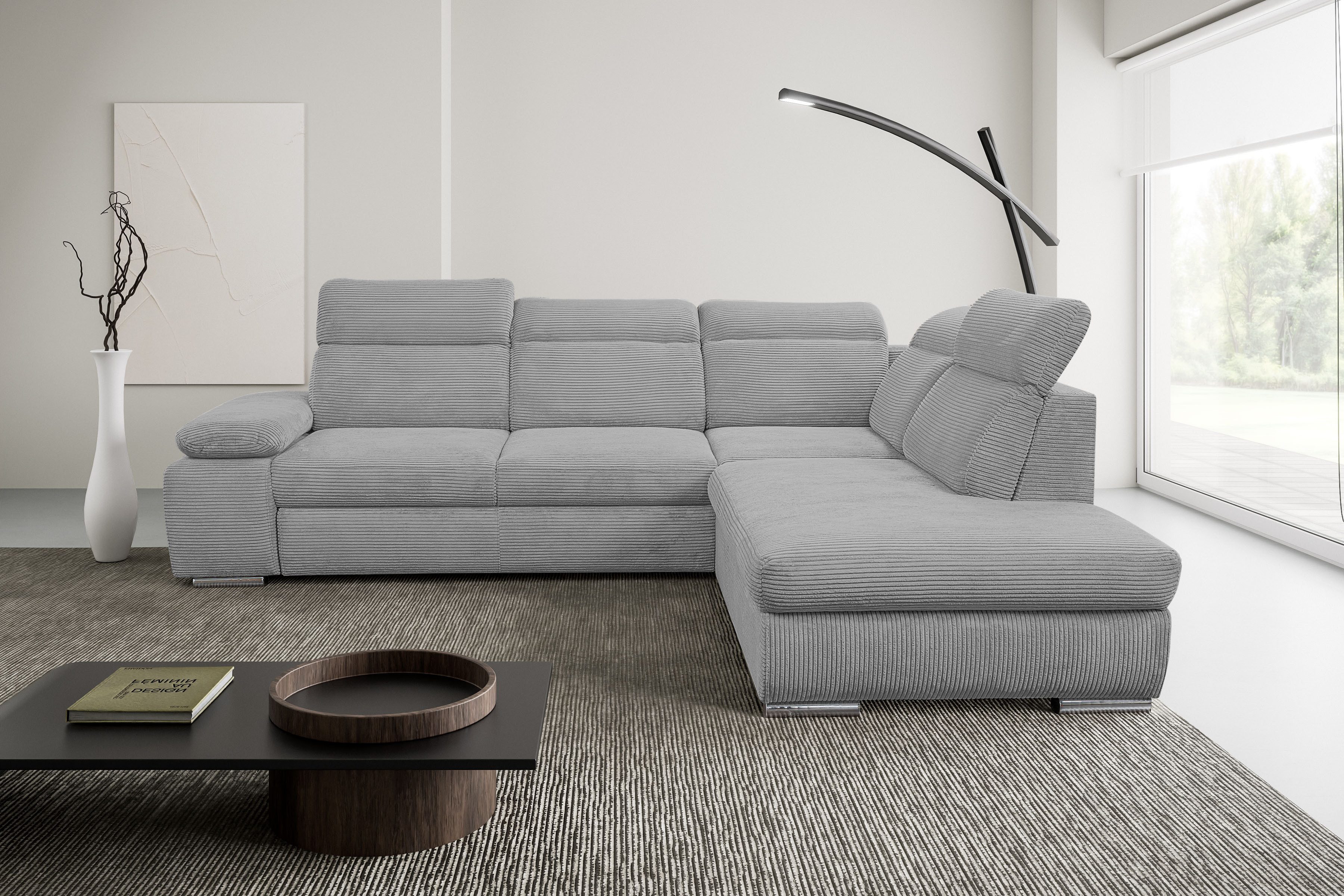WERK2 Ecksofa Alicante 280 x 230 cm L-Form, Bett und Bettkasten, Kopfteilverstellung, Cord, L-Form, XXL, Schlaffunktion, Bettkasten