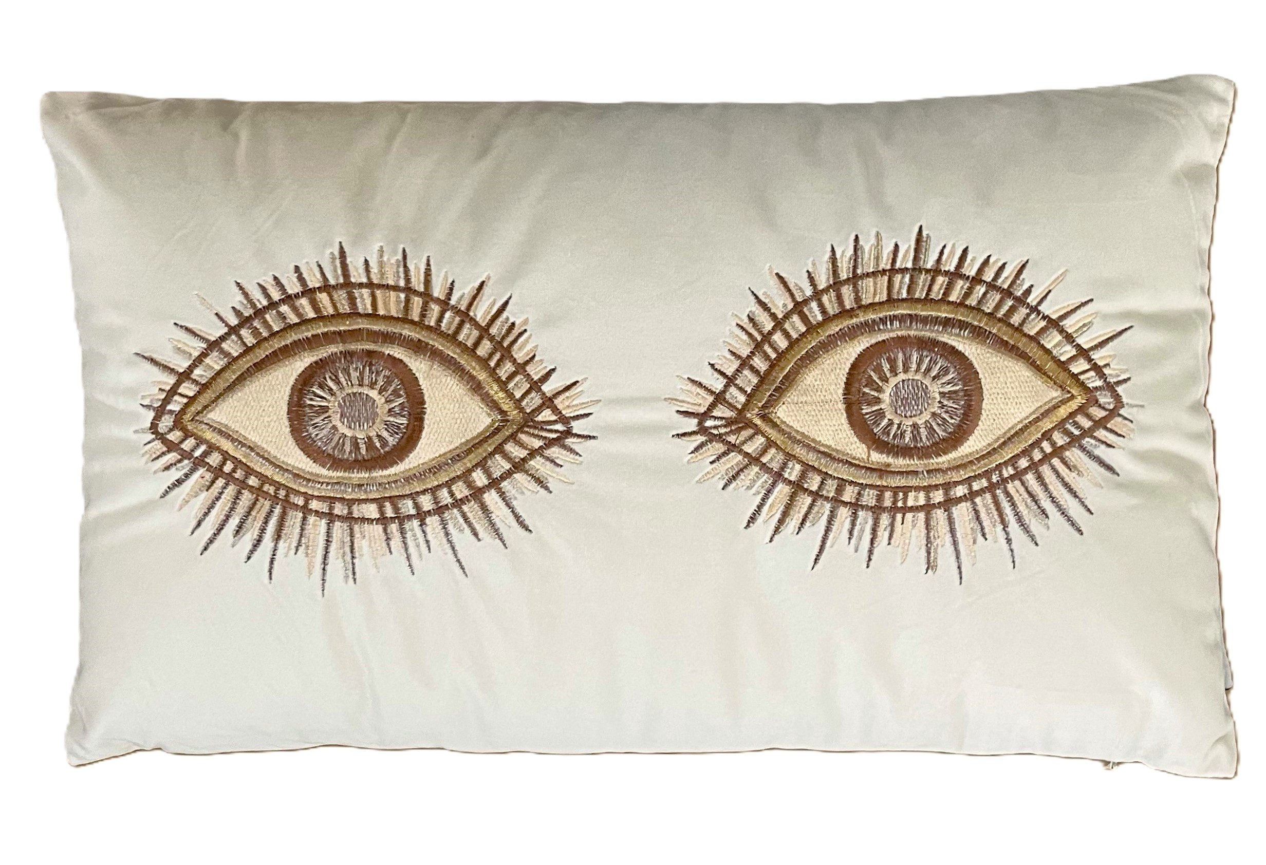 HD Collection Dekokissen Kissen Elfenbeinfarben Samt Stickerei Augen Sommer Länglich 50 cm, Stickerei mit Augenmotiv