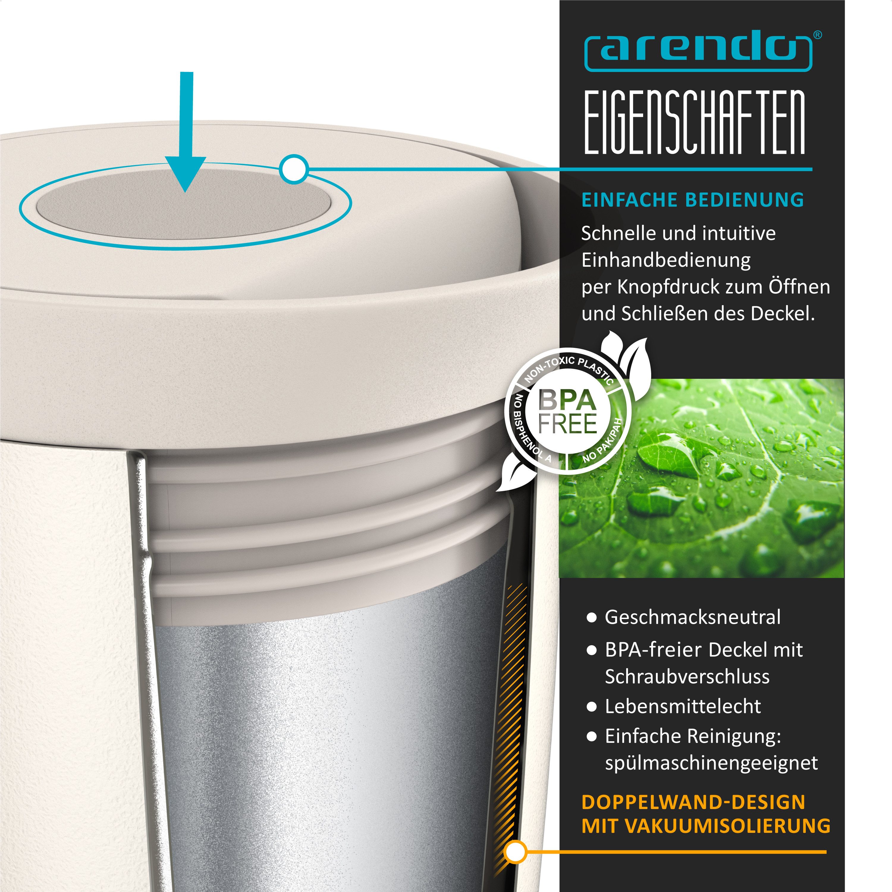 Arendo Thermobecher Thermal Mug 350 ml, Kaffee to go Becher mit Deckel aus Edelstahl 0,3 L, 2-tlg., Edelstahl, hält 12h heiß & 6h kalt, doppelwandig, 100% auslaufsicher, Coffe-to-go