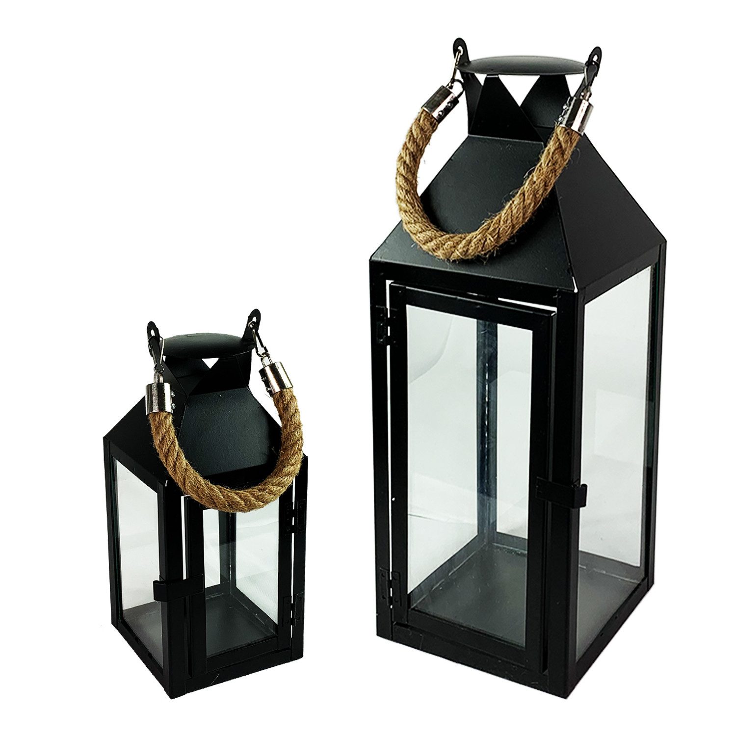Mojawo Duftkerze 2er Set Metall-Laternen Gartenlaterne Mit Kordel Schwarz 25/38 cm