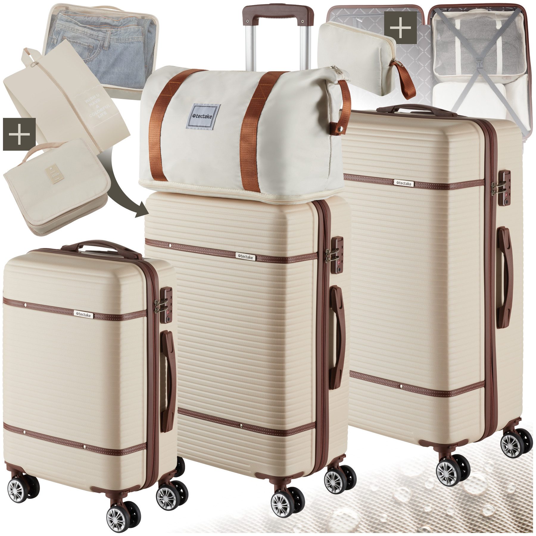 tectake Trolley Reisekofferset, 4 Rollen, 13-teilig, Hartschalen aus robustem ABS-Kunststoff