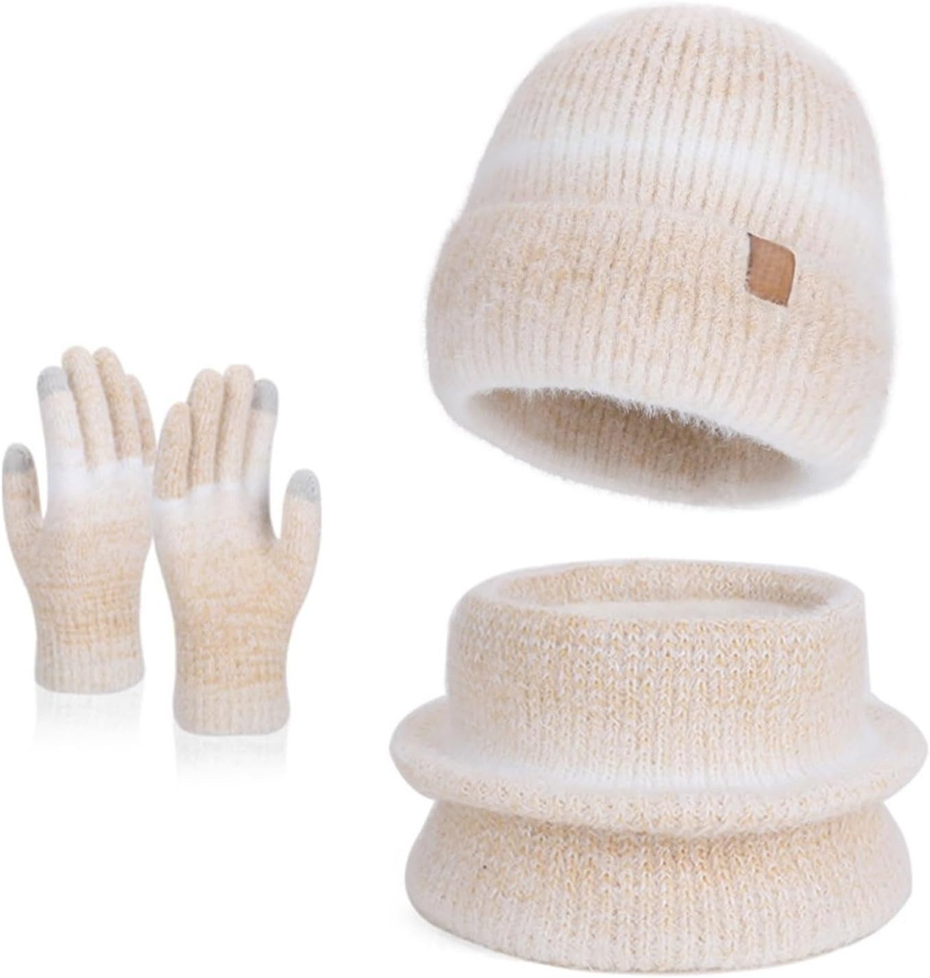Zaewry Mütze & Schal Damen-Wintermütze, Schal, Touchscreen-Handschuhe warmes Fleece-Strick, Wintergeschenk, Halstuch für Damen