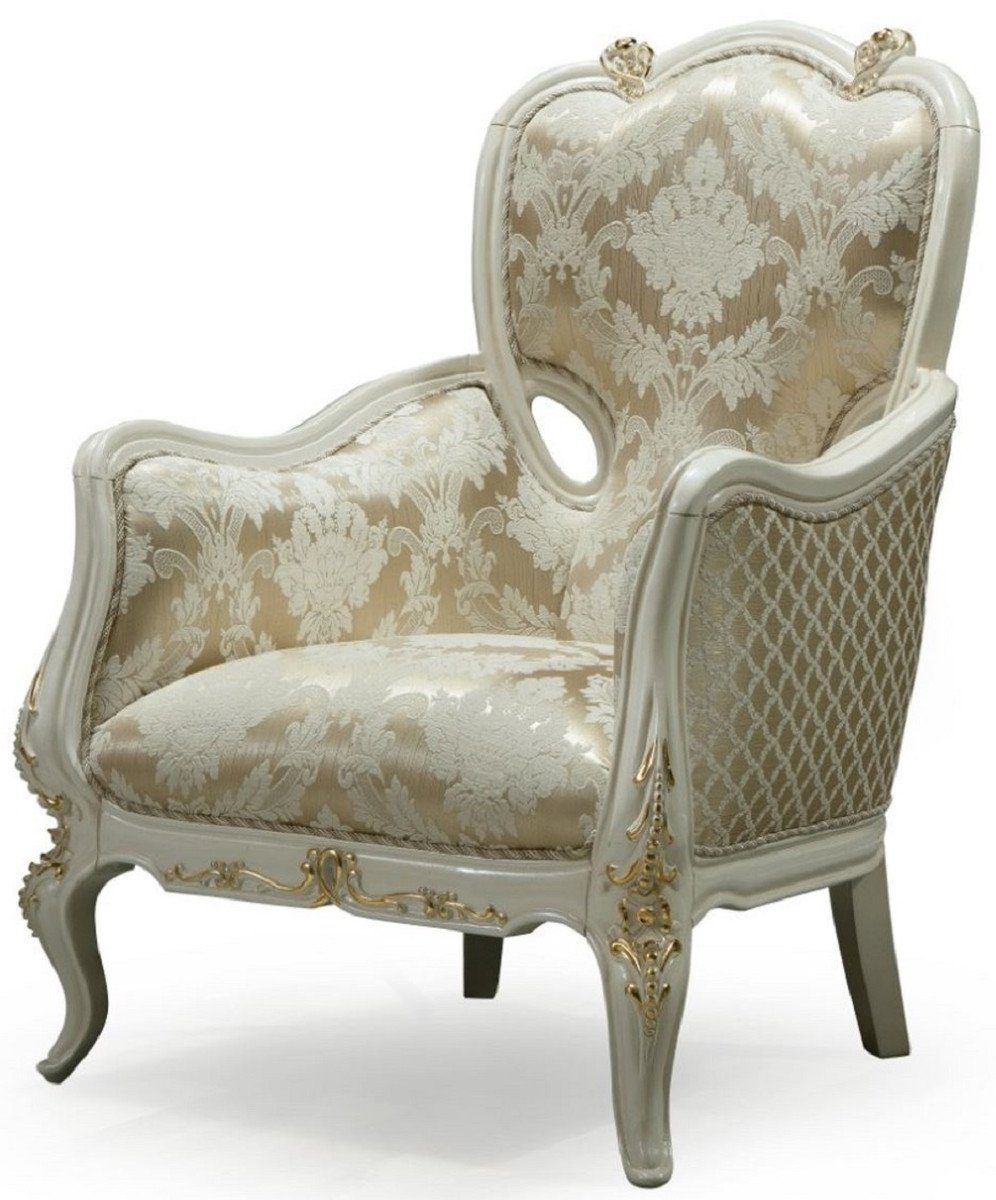 Casa Padrino Sessel Luxus Barock Wohnzimmer Sessel Gold / Weiß / Gold - Handgefertigter Barockstil Sessel mit elegantem Muster - Barock Wohnzimmer Möbel