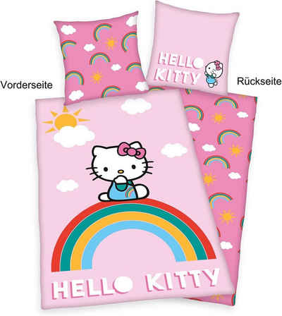 Kinderbettwäsche Hello Kitty Regenbogen Wende Bettwäsche Rainbow 80 x 80 cm / 135 x 200 cm, Herding