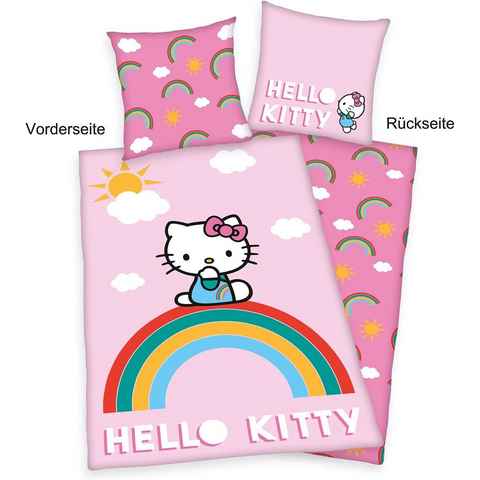 Kinderbettwäsche Hello Kitty Regenbogen Wende Bettwäsche Rainbow 80 x 80 cm / 135 x 200 cm, Herding