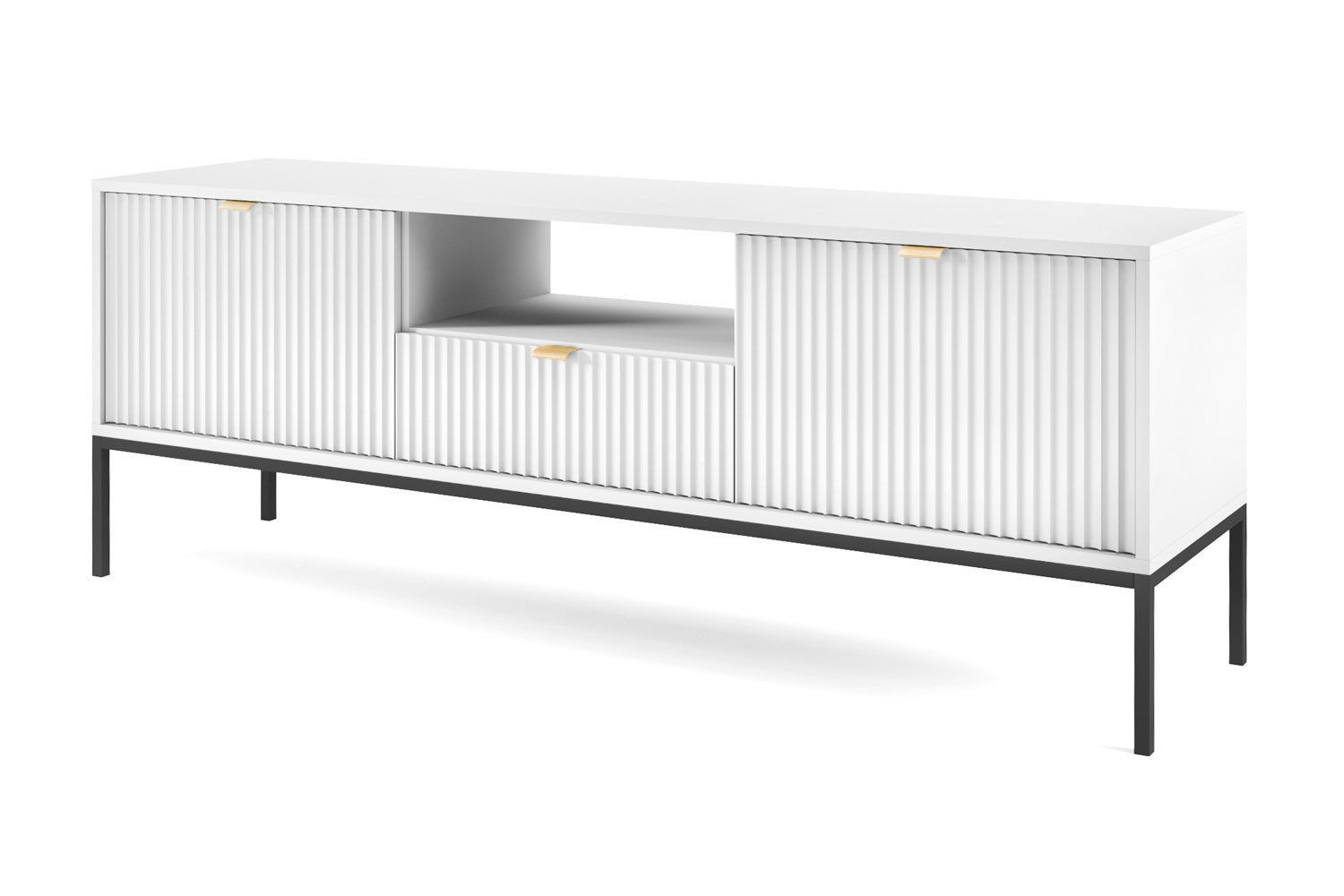 Feldmann-Wohnen Lowboard Nova (2 Türen, 1 offenes Fach, 1 Schublade, 1 St., Riffel-Optik Front, goldfarbene Metallgriffe, ABS-Kanten), 154x39x56cm Fronten mit ausdrucksstarkem geriffelten Muster