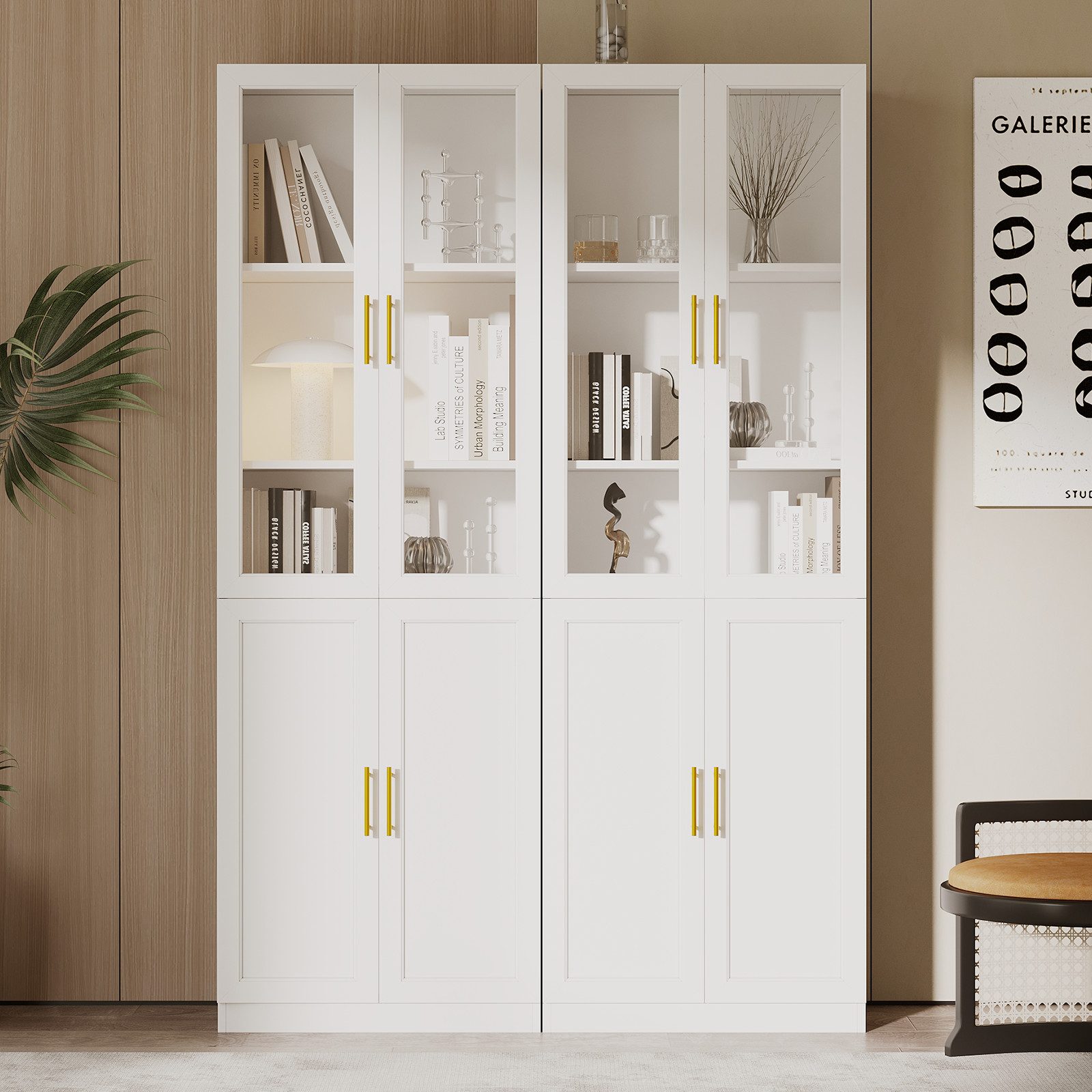 VOWNER Bücherregal mit Glastüren, 5-stöckig, 180 x 60 x 35 cm, Weiß, 2-tlg., mit verstellbaren Böden – viel Stauraum für Wohnzimmer & Büro