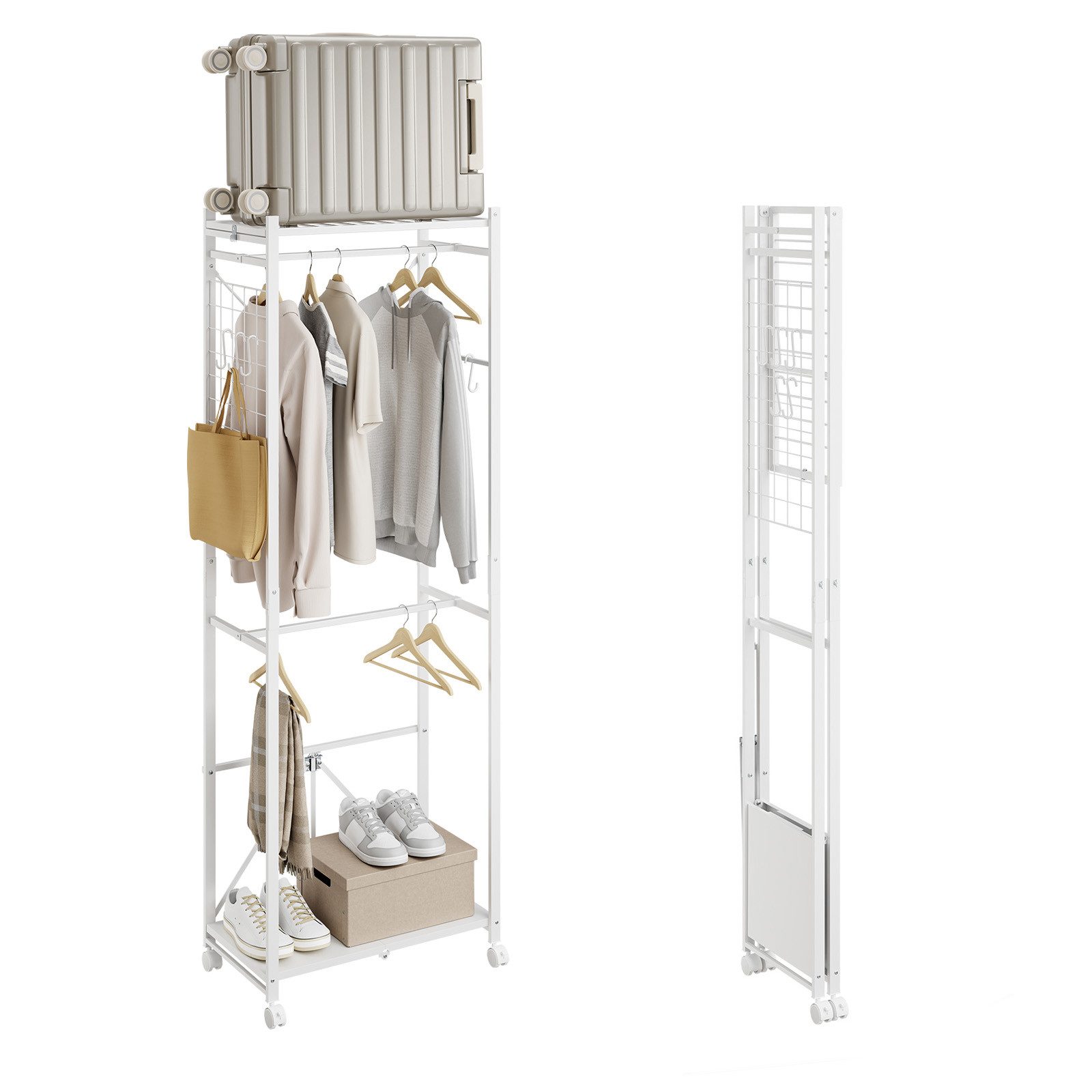 SoBuy Kleiderständer KLS21, Klappbarer Garderobenständer Schmal auf Rollen, (1er Set), mit Kleiderstange, Schuhablage, Haken & Gepäckständer für Schlafzimmer