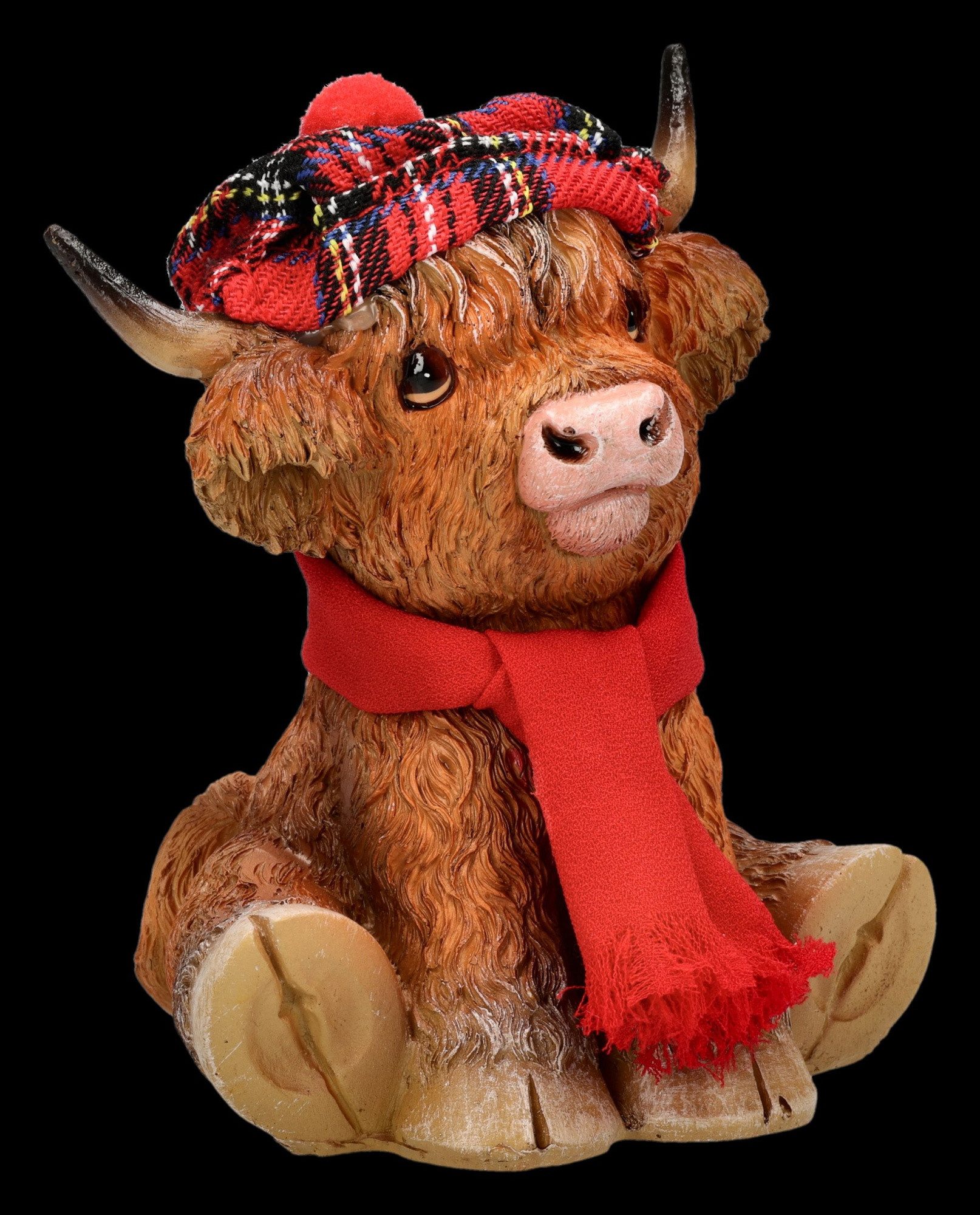 Figuren Shop GmbH Tierfigur Hochlandkuh Figur – Winterdeko Statue mit Mütze & Schal 11cm Dekofigur
