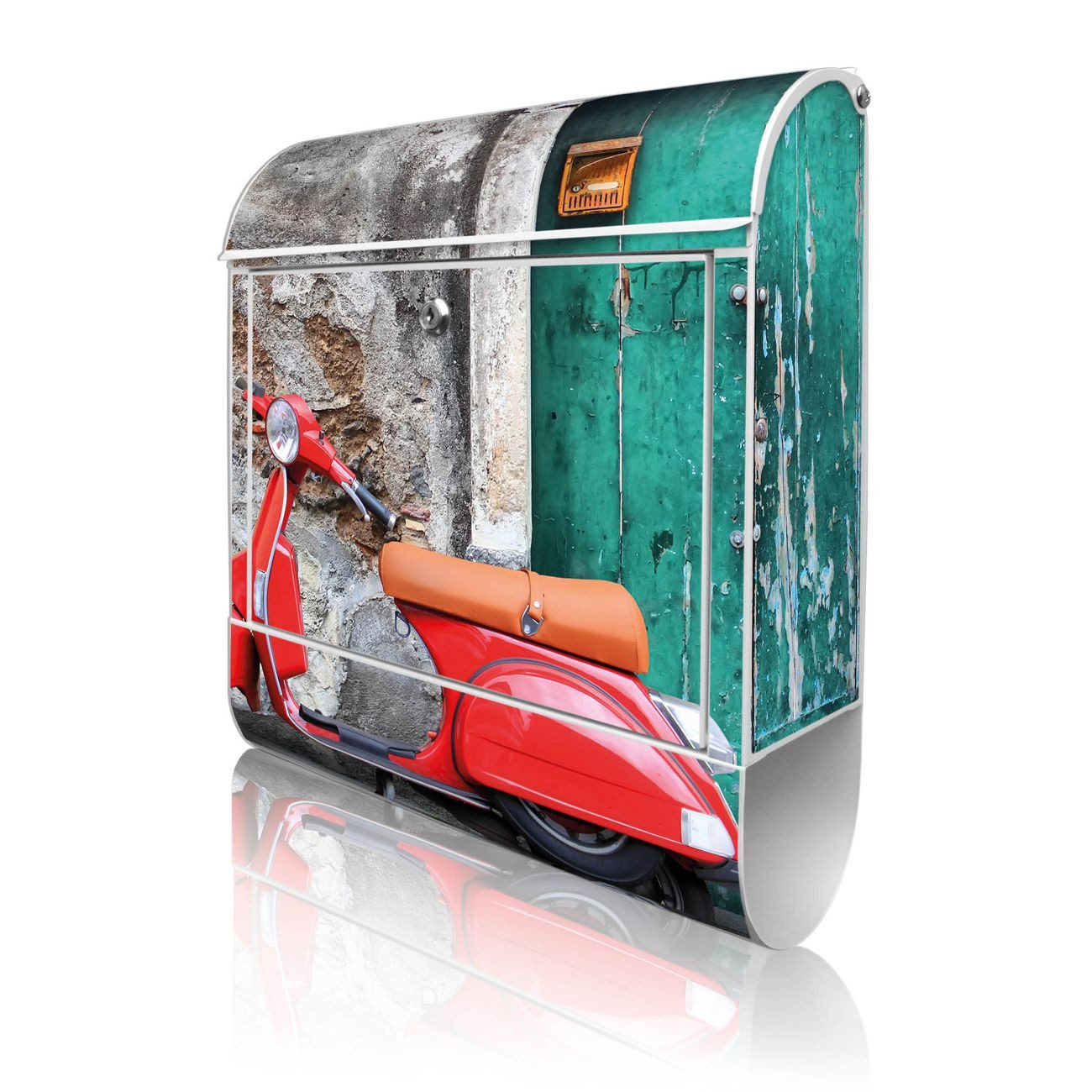 banjado Wandbriefkasten Weiß Stahl mit Motiv Italienischer Roller (Wandbriefkasten witterungsbeständig, pulverbeschichtet, mit Zeitungsfach), 47 x 39 x 14 cm