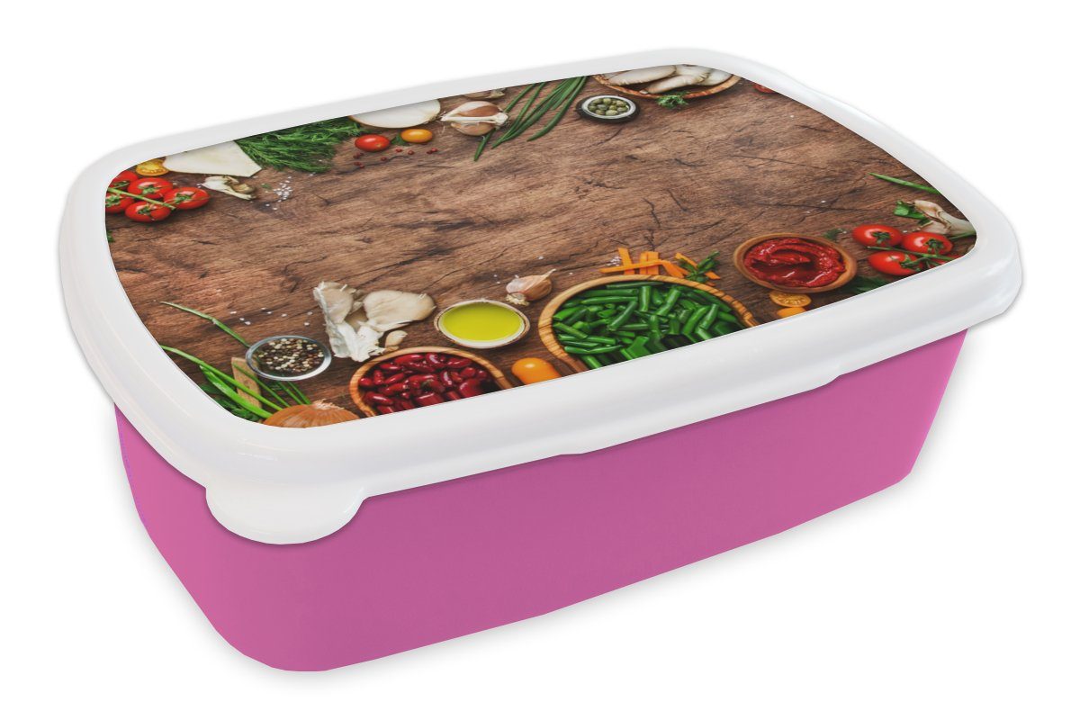 MuchoWow Lunchbox Kräuter - Gemüse - Rustikal, Kunststoff, (2-tlg), Brotbox für Erwachsene, Brotdose Kinder, Snackbox, Mädchen, Kunststoff rosa