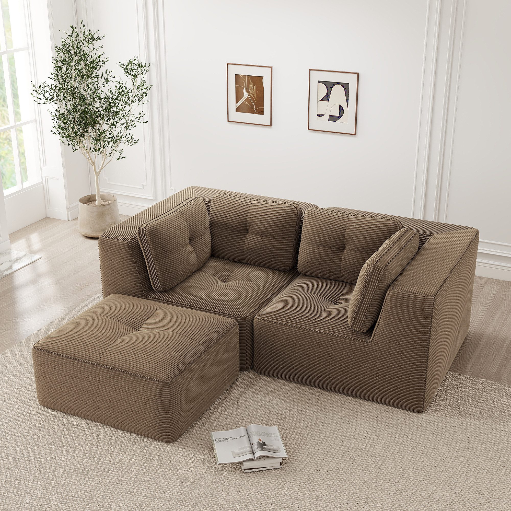 BlingBin Sofa Ecksofa Boneless Modular Sofa Lounge-Sofa Cordsofa mit Fußhocker, 1 Teile, Breiter & Tiefer Sitzfläche,Ohne Montage für Schlafzimmer & Wohnzimmer