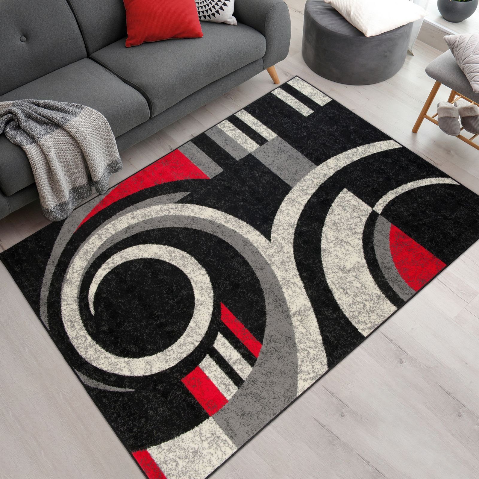 Designteppich Modern Teppich Geometrisch Grau Rot - Weich, Pflegeleich, Mazovia, 80 x 150 cm, Geeignet für Fußbodenheizung, Höhe 7 mm, Kurzflor