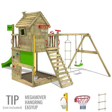 FATMOOSE Spielturm Stelzenhaus HappyHome mit Schaukel & Rutsche und Spielhaus, 10-jährige Garantie*, Torwand, integrierter riesiger Sandkasten
