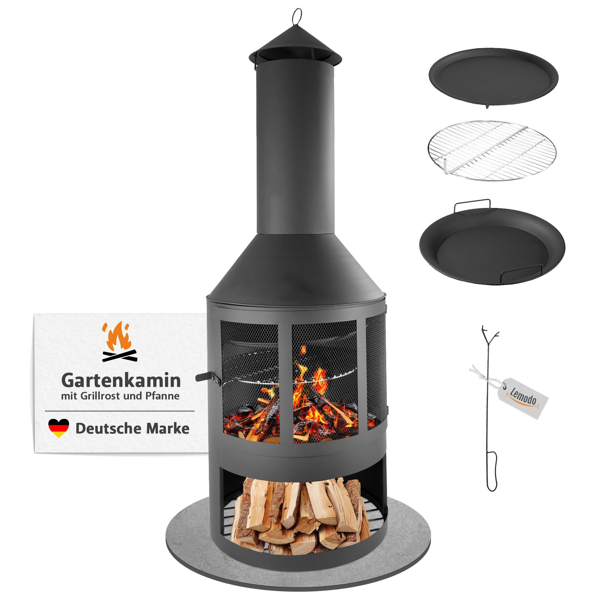 Lemodo Gartenkamin Terrassenofen mit Funkenschutztür, Grillrost und Pfanne, günstig online kaufen