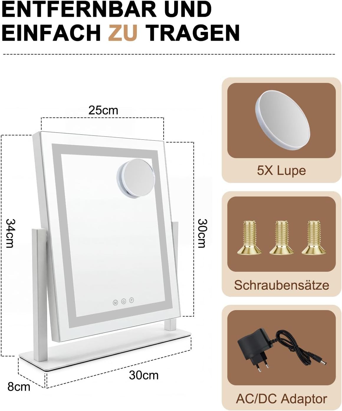 Nettlife Schminkspiegel Beleuchtung 30x40cm Hollywood Spiegel LED Touch-Dimmer 3 Lichtmodi, dimmbar Kosmetikspiegel mit Licht für Tisch Vanity Mirror klein