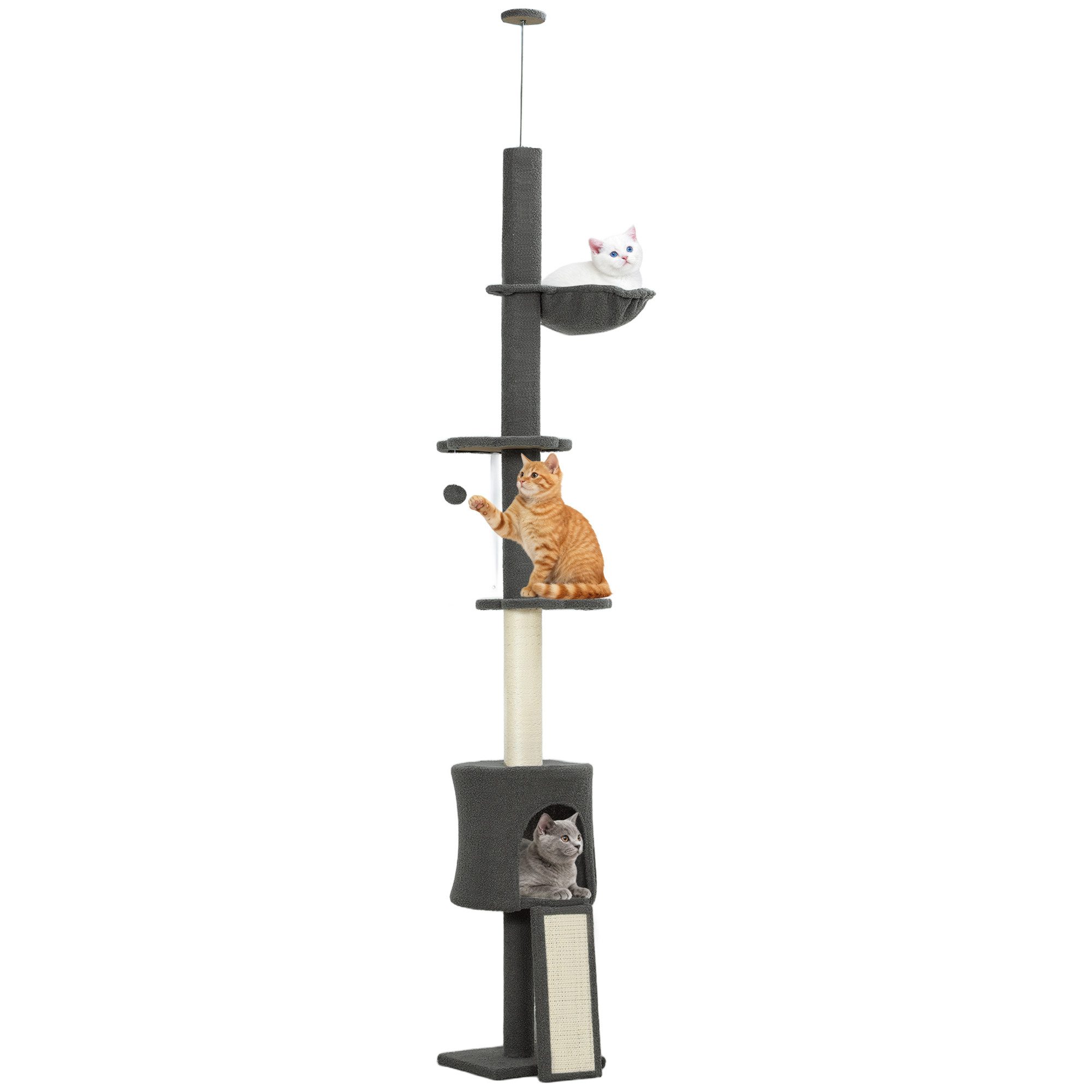 PawHut Kratzbaum mit Hängematte, Spielbällen, Höhenverstellbar, Dunkelgrau