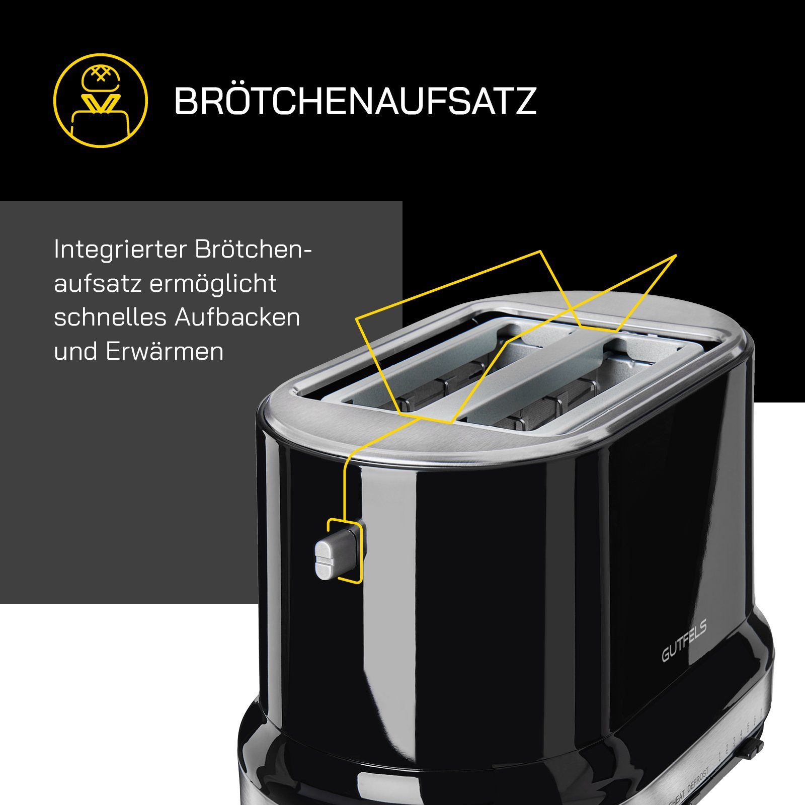 für Design-Toaster S, 2 kurze W, 870 TOAST und Brötchenaufsatz Gutfels 2 Defrost-Funktion Toaster praktischer 2010 Scheiben, mit Schlitze,