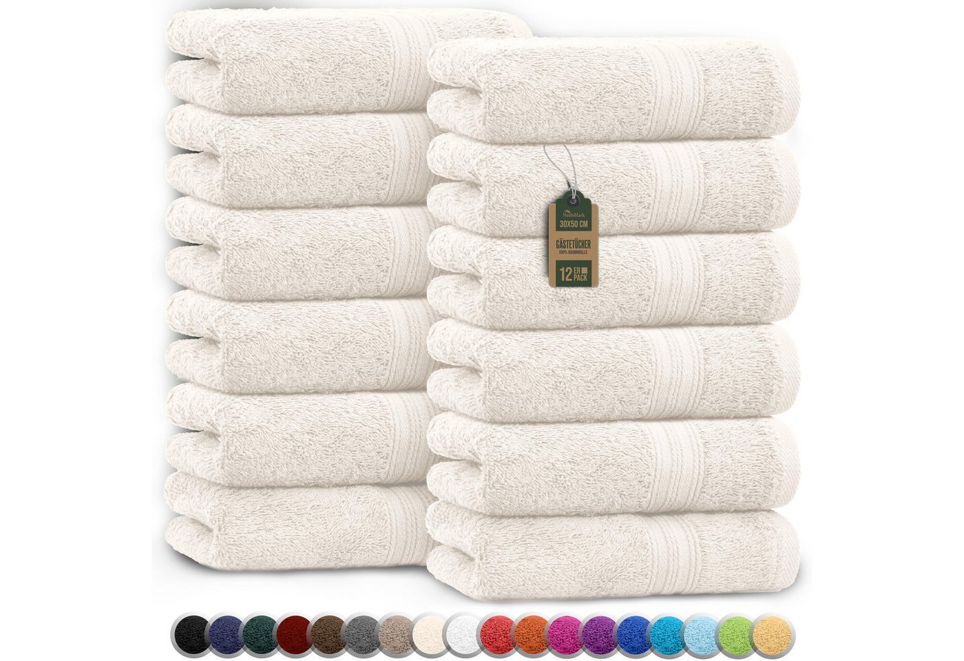 NatureMark Gästehandtuch Gästetuch 500gsm, 100% Baumwolle (12-St), Gästehandtuch Premium Qualität, 30x50cm, Naturweiß