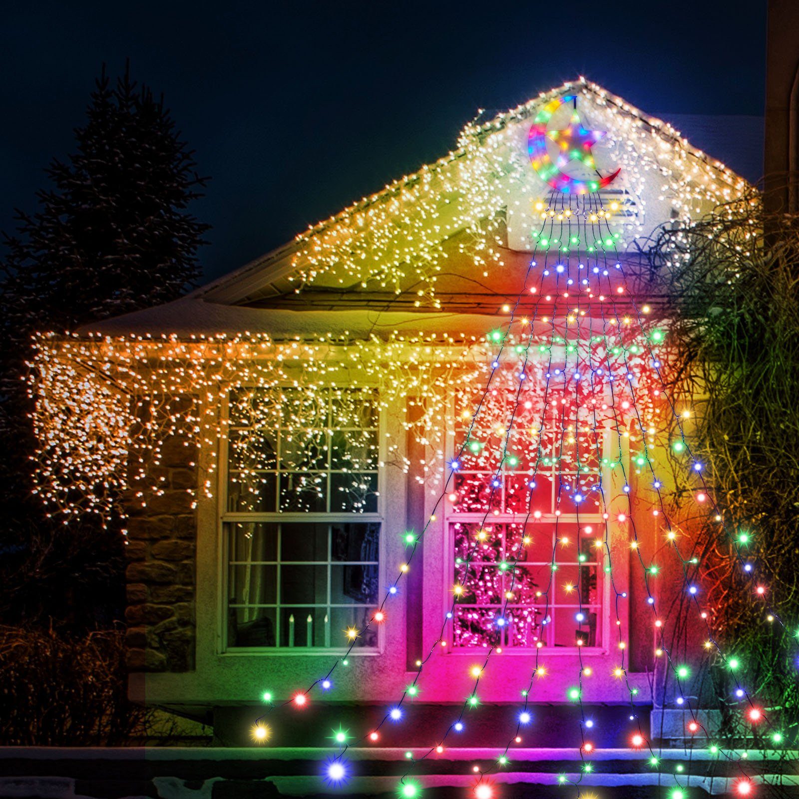 Mehrfarbig 8 LED Star, Timer Topper 350-flammig, Sunicol Modi, Wasserfall Weihnachtsbaum Lichterkette, LED-Lichterkette