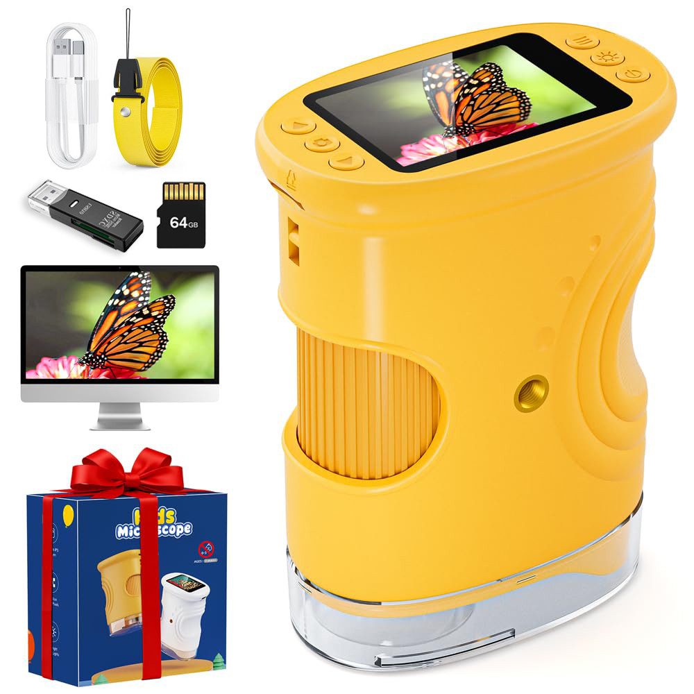 Tekoo Digitales Handmikroskop 1000x Zoom mit 2,0" Display & 64GB Kindermikroskop (50x-1000x, Stufenloser 200x-1000x Zoom & 2,0 Zoll IPS-Display inkl. 64GB SD-Karte)