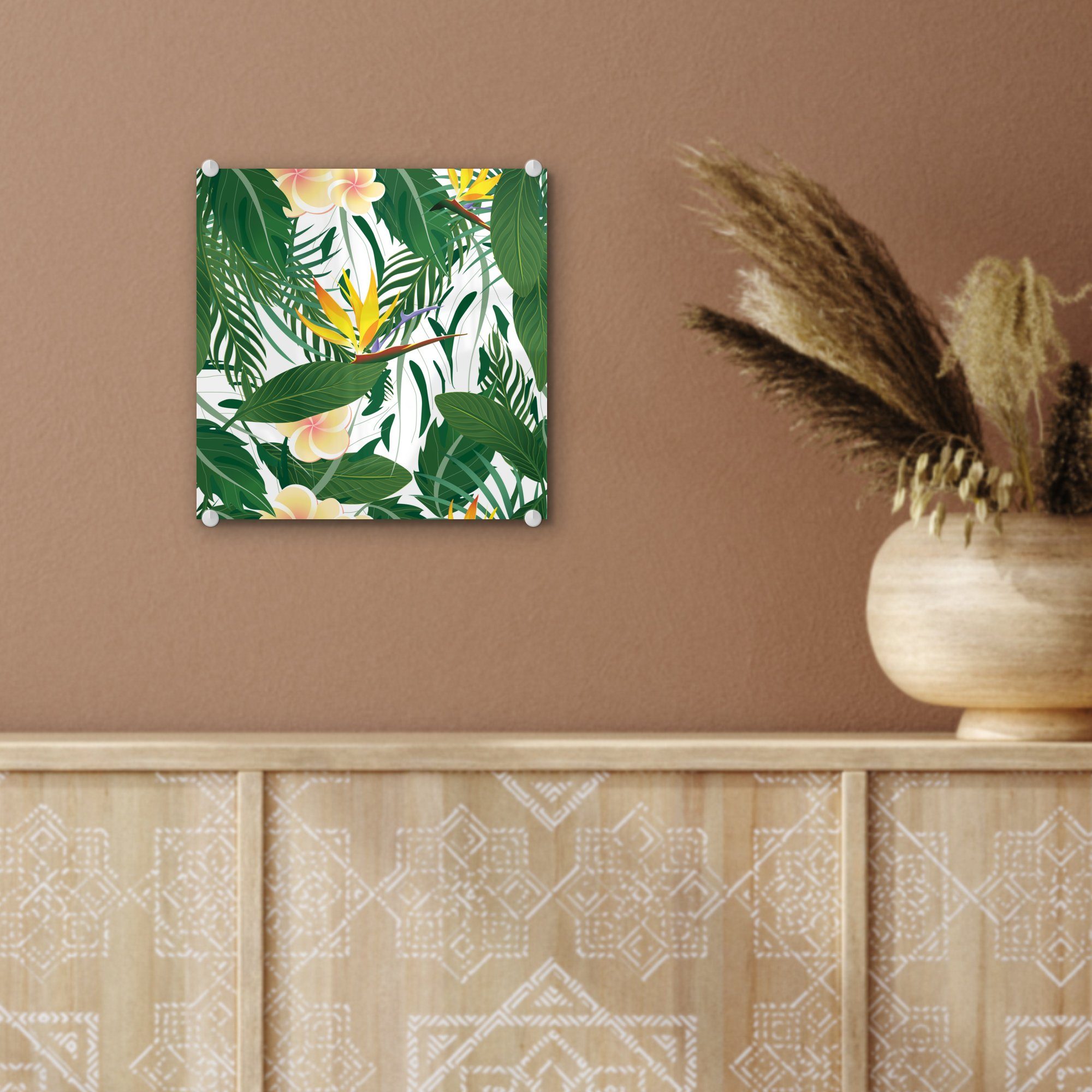 - Wandbild Blüten auf - Bilder auf (1 Glas Acrylglasbild Wanddekoration Foto MuchoWow St), - Glas - Paradiesvogelpflanze, - Glasbilder Blätter