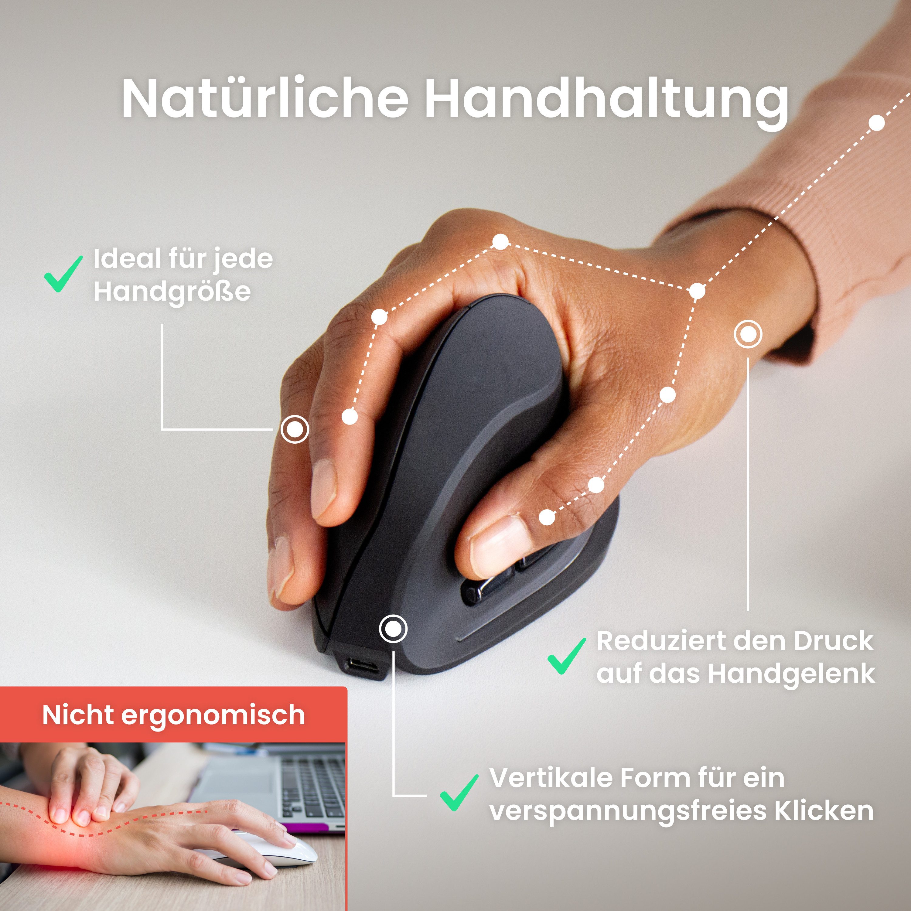 Ergotopia Curve – Kabellose Vertikale-Maus (für Rechtshänder) ergonomische Maus (Bluetooth, Funk, Ergonomisch)