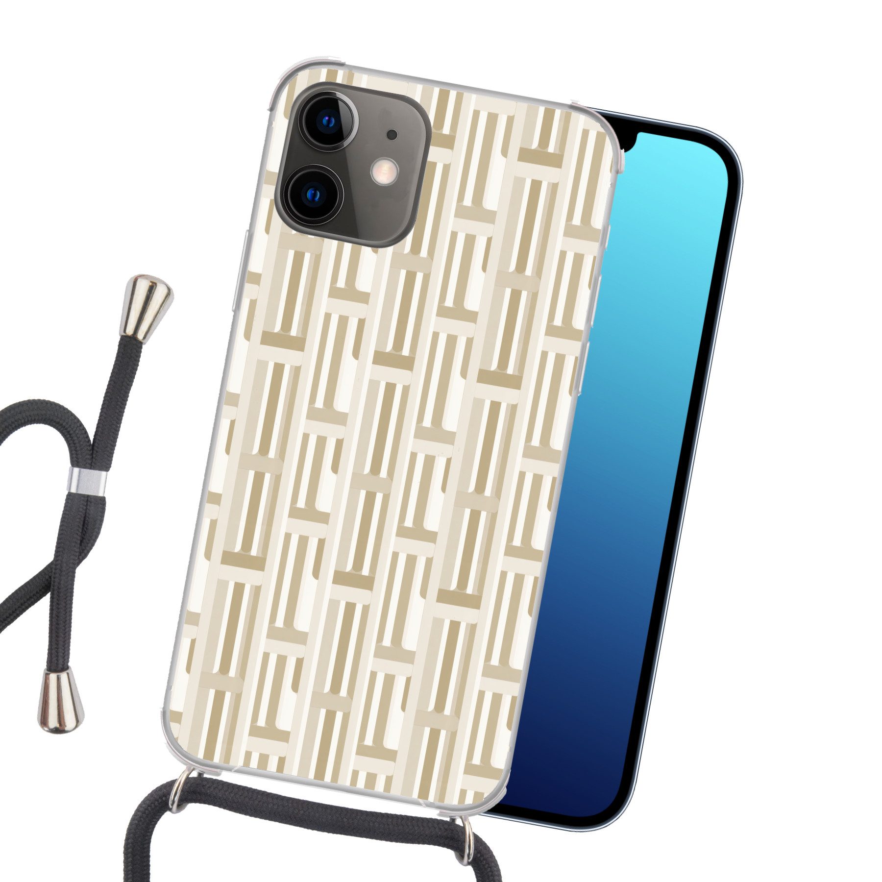 MuchoWow Handyhülle für Apple iPhone 12 Modern - Geometrisch - Beige, Tragbare Handyhüllen mit Kette zum umhängen, Handykette Handyband