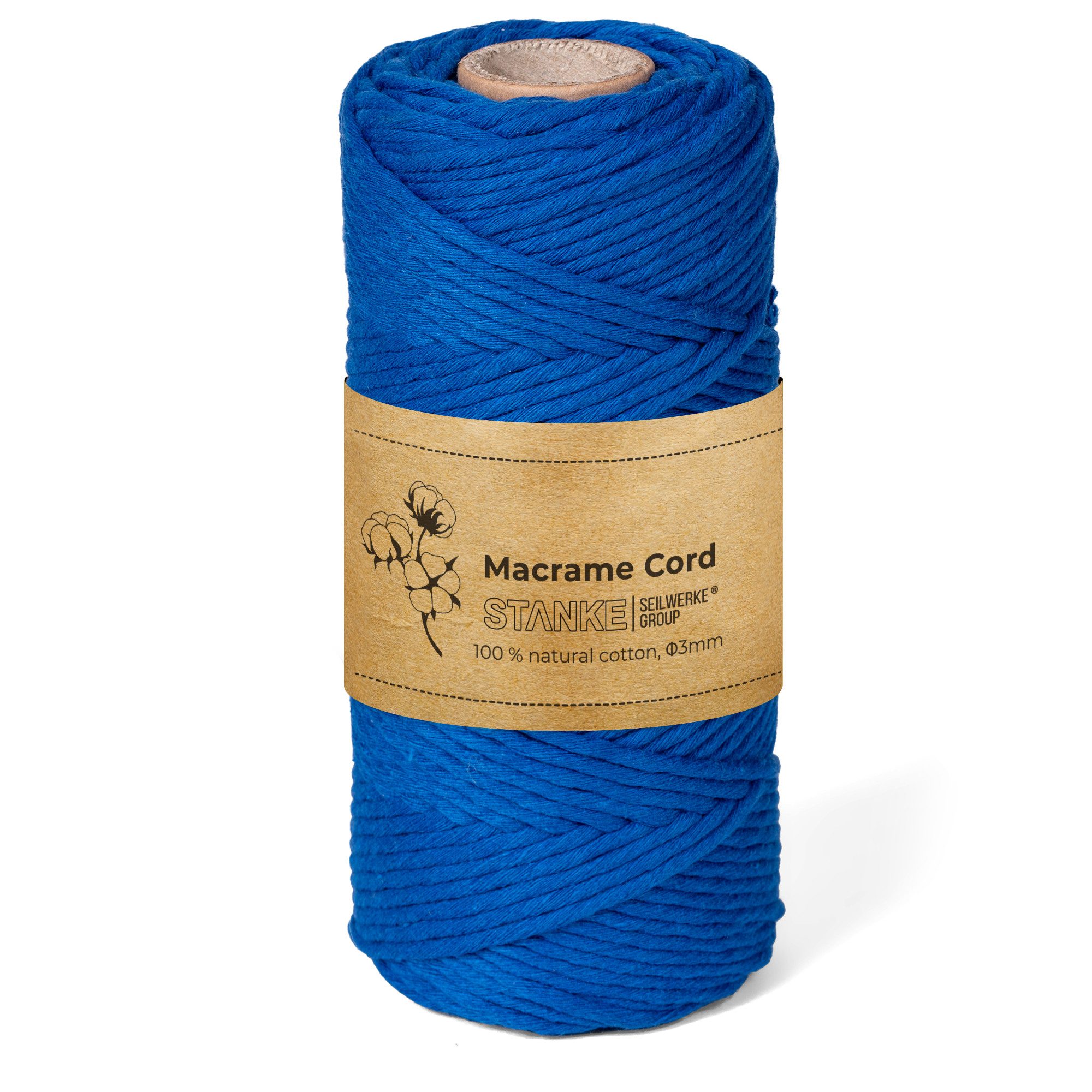 STANKE Makramee Garn 3mm 100 m Farbe Blau - Baumwollgarn für Boho Bastelgarn, 100 m (100m Rolle, 1-St., 100m Rolle), DIY, Körbchen, Traumfänger für Untersetzer, Taschen 100% Baumwolle