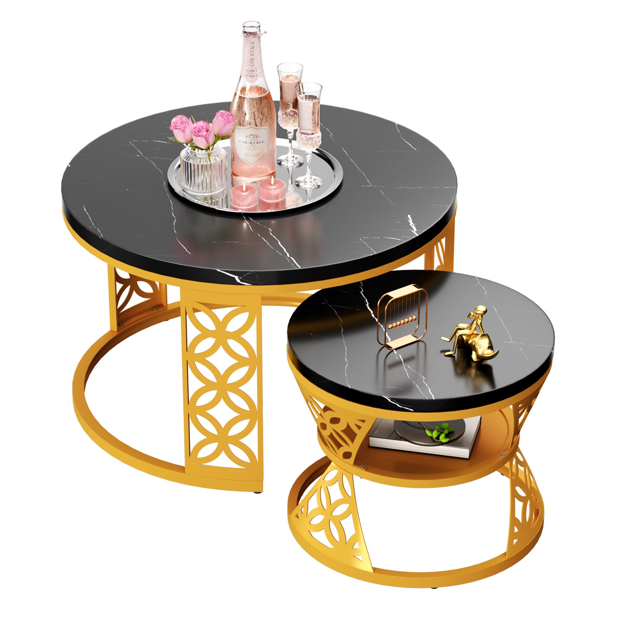 STILVORA Couchtisch Wohnzimmertische runde Satztisch Marmoroptik mit Bodenschutz,Sofatisch (Platzsparendes Design), Hitzebeständige, leicht zu reinigende Desktop