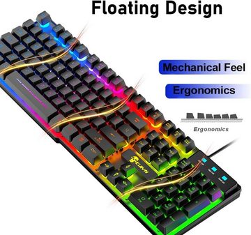LexonElec RGB-Hintergrundbeleuchtung Tastatur- und Maus-Set, Ergonomisch, mechanische Haptik, DPI, 6 Tasten mit Mauspads (Schwarz)