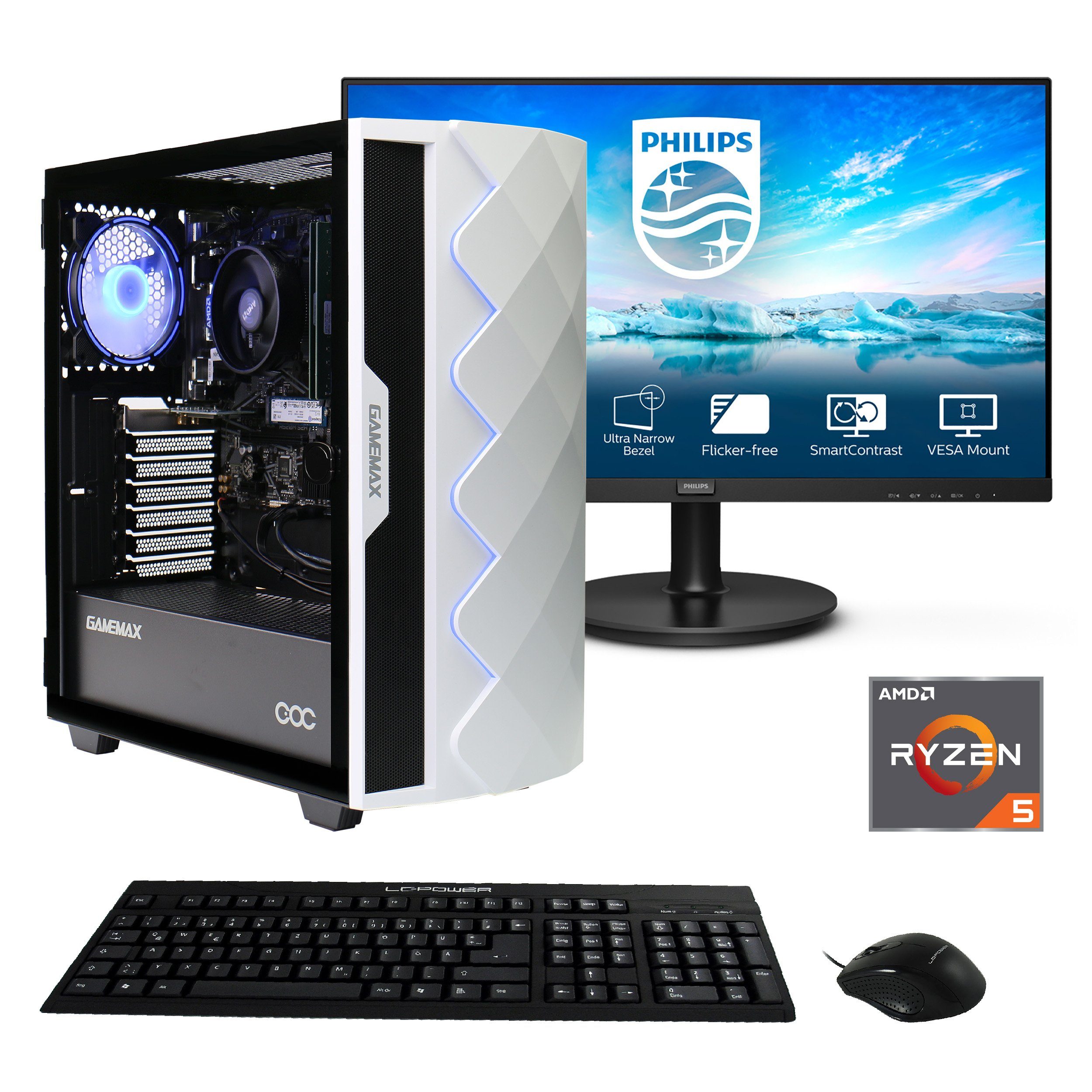 Hyrican Gamemax Diamond WT SET02385 Gaming-PC-Komplettsystem (27", AMD Ryzen 5 Pro 4650G, 8 GB RAM, 480 GB SSD, Windows 11, inklusive 27" Monitor Philips 271V8LA)