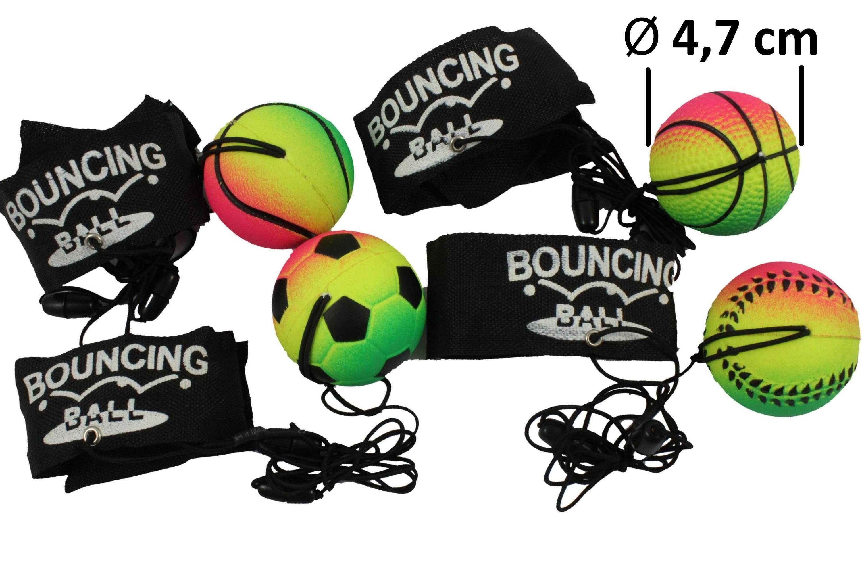ELLUG Spielball 4er Set Neon-Springball/Returnball/Flummi, Armband & Schnur,  Safety Clip, Fußball/Basketball/Tennisball/Baseball Ø6,3cm