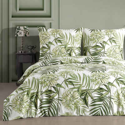 Bettwäsche, Buymax, Renforcé: 100% Baumwolle, 3 teilig, 200x220 cm, Bettbezug-Set, mit Reißverschluss, Blumen Eukalyptus Grün