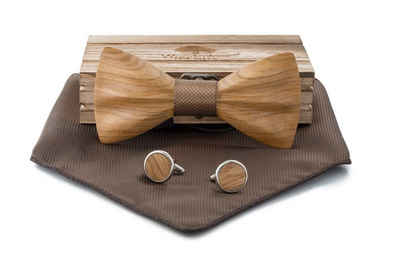 Woodenlove Fliege »Kernholz Zebraholz« (Set, Herrenfliege, Manschettenknöpfe, Einstecktuch, Geschenkbox) 3D-gefräste Holzfliege mit Struktur
