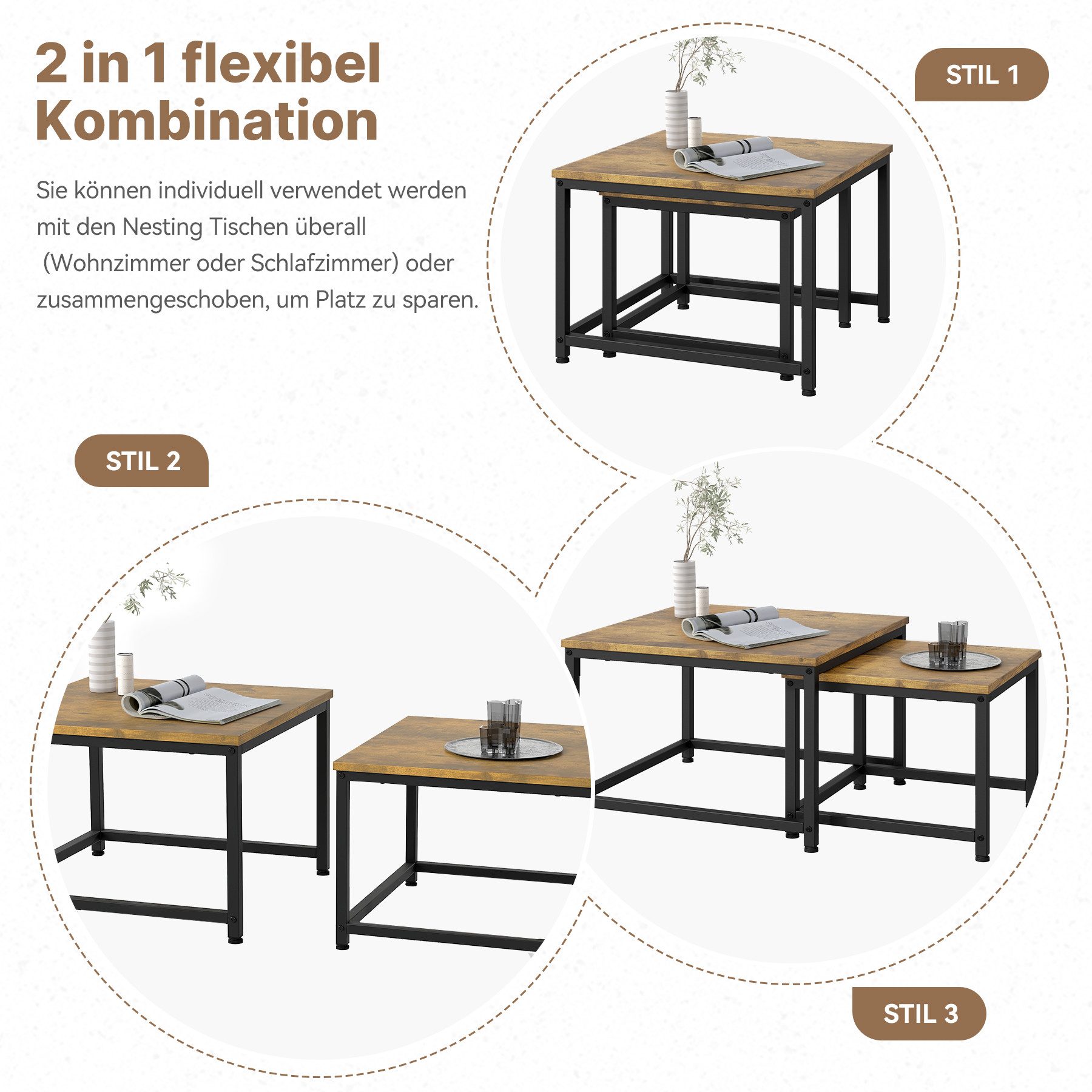 HawthyHome Couchtisch 2er-Set quadratischer Wohnzimmertisch aus Holz mit Metallgestell (2-St), moderner Beistelltisch für Wohnzimmer und Schlafzimmer, platzspar – Bild 5 von 5