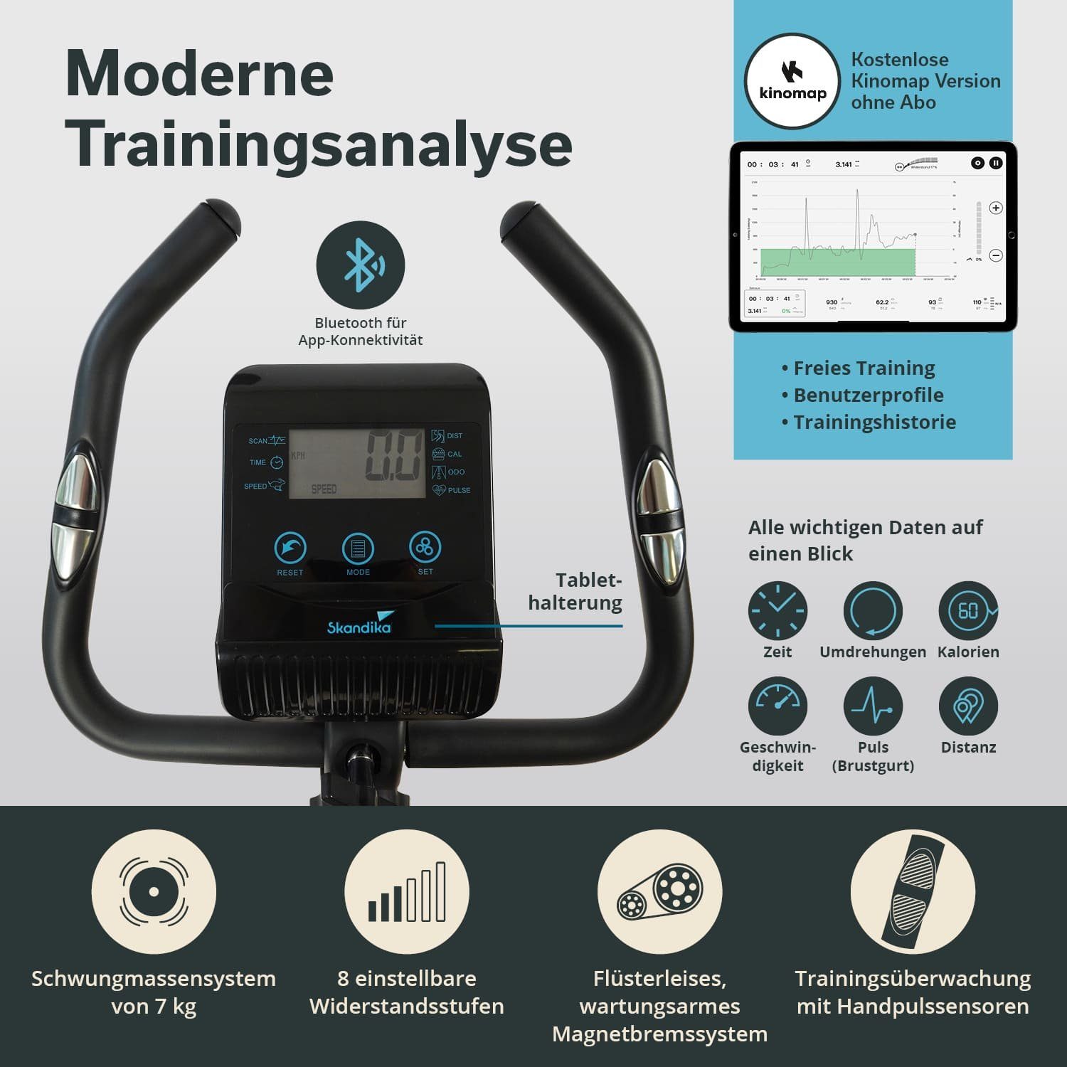Skandika Heimtrainer Fahrrad Bragi, Hometrainer für Zuhause, 7 kg Schwungmasse, bis 120 kg (Handpulssensoren, Sattel horizontal und in der Höhe verstellbar), Magnetbremssystem, Kinomap, Transportrollen, Tablethalterung